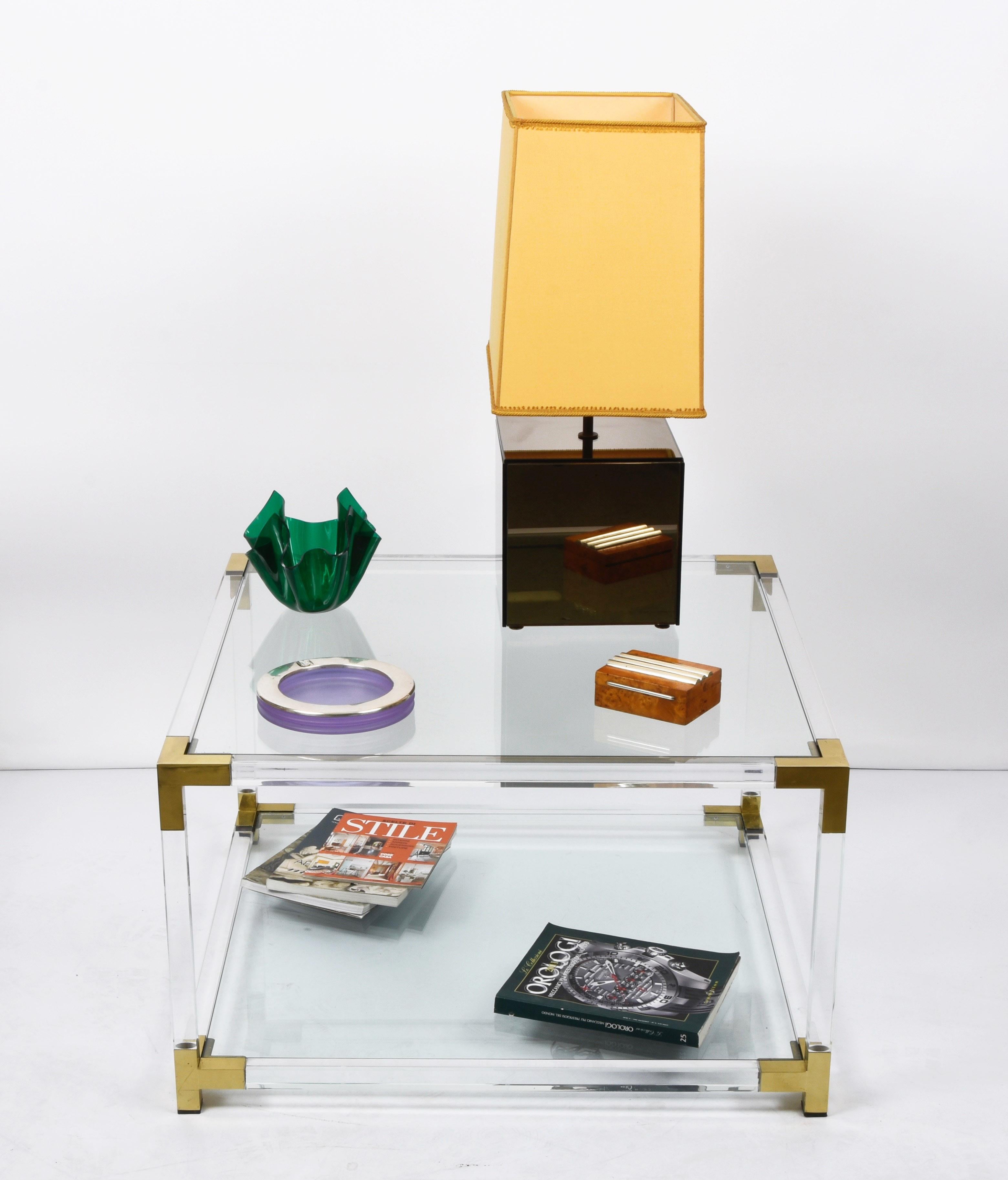 Hollywood Regency Lucite, Brass and Glass Italian Square Cocktail Table, 1970s For Sale 5