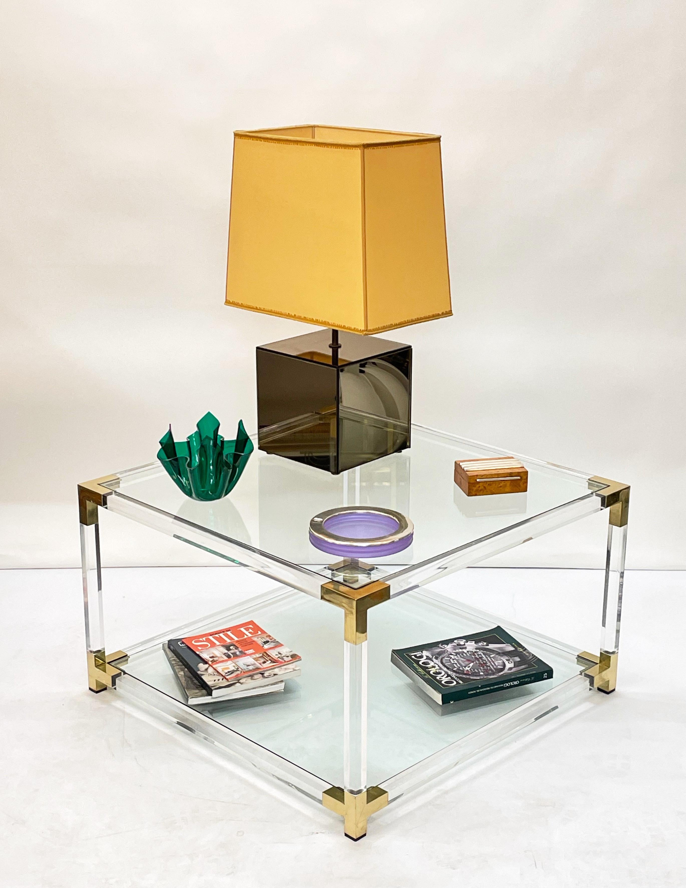 Hollywood Regency Lucite, Brass and Glass Italian Square Cocktail Table, 1970s For Sale 6