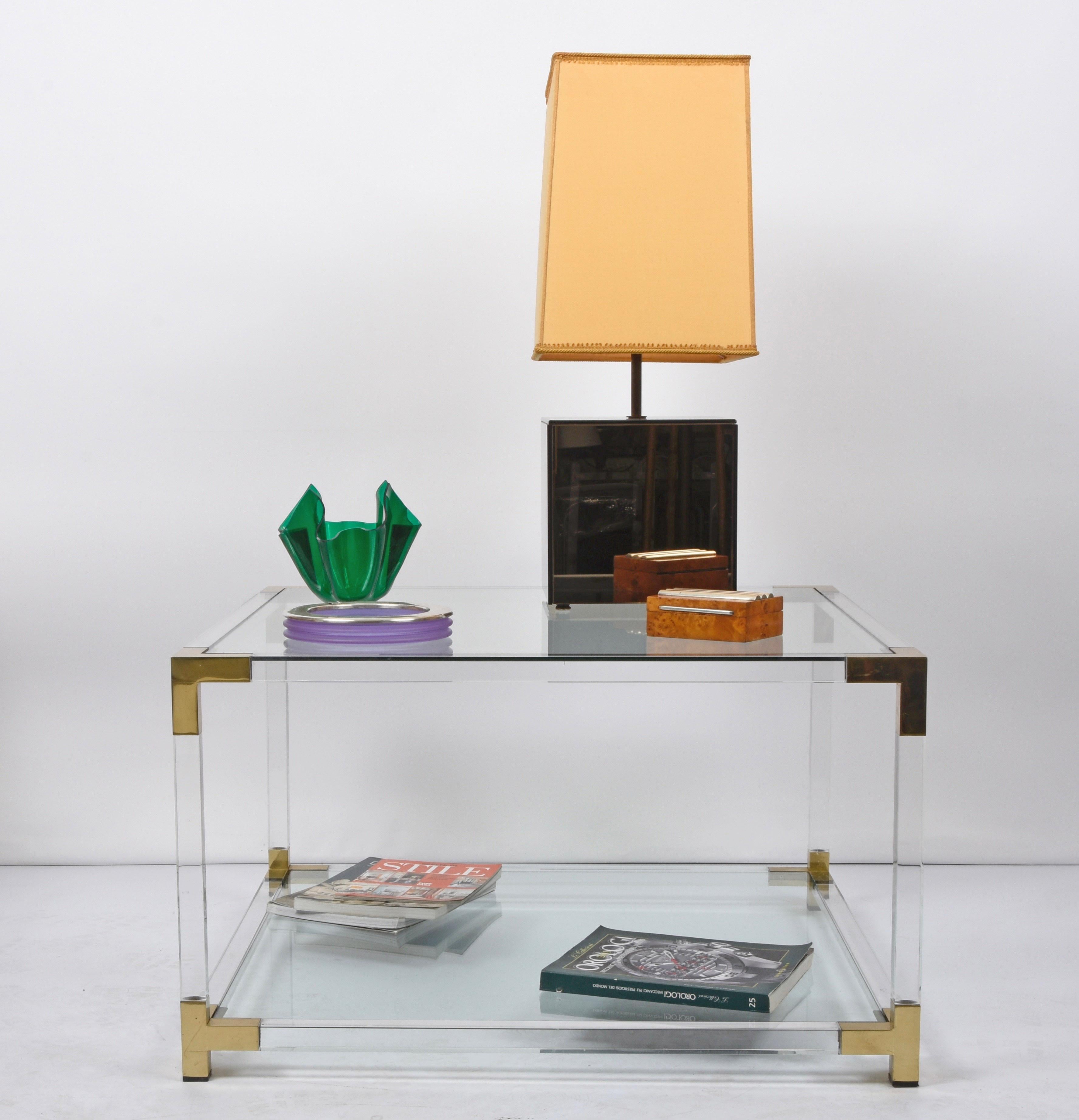 Hollywood Regency Lucite, Brass and Glass Italian Square Cocktail Table, 1970s For Sale 7