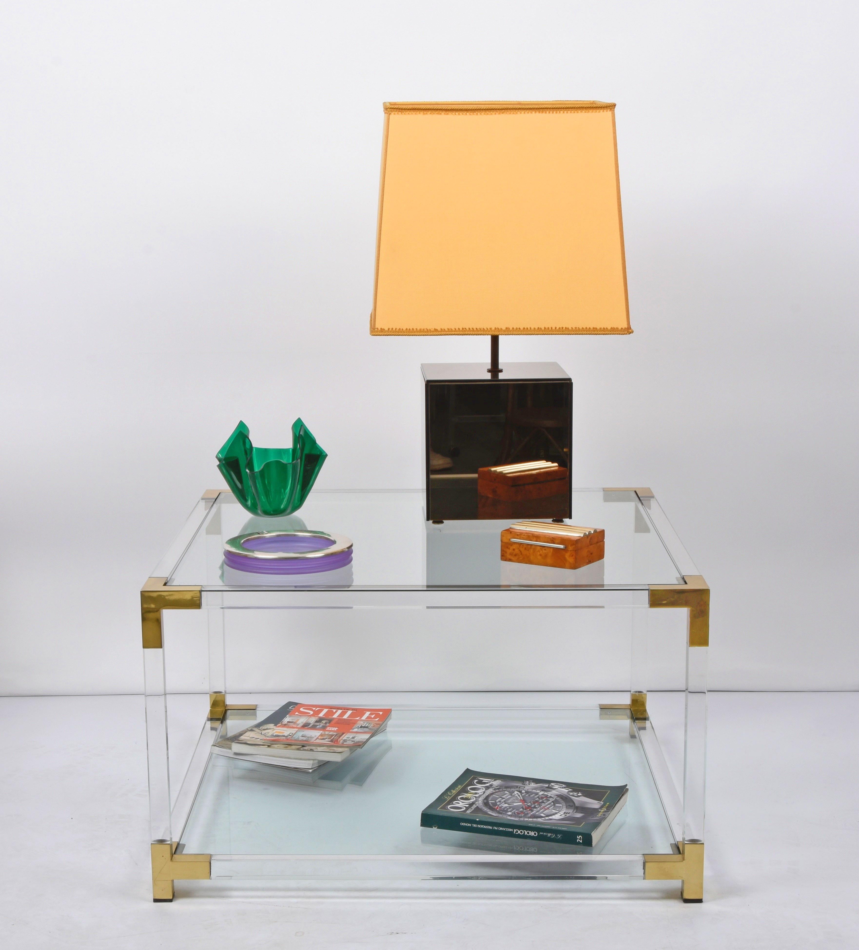 Hollywood Regency Lucite, Brass and Glass Italian Square Cocktail Table, 1970s For Sale 8