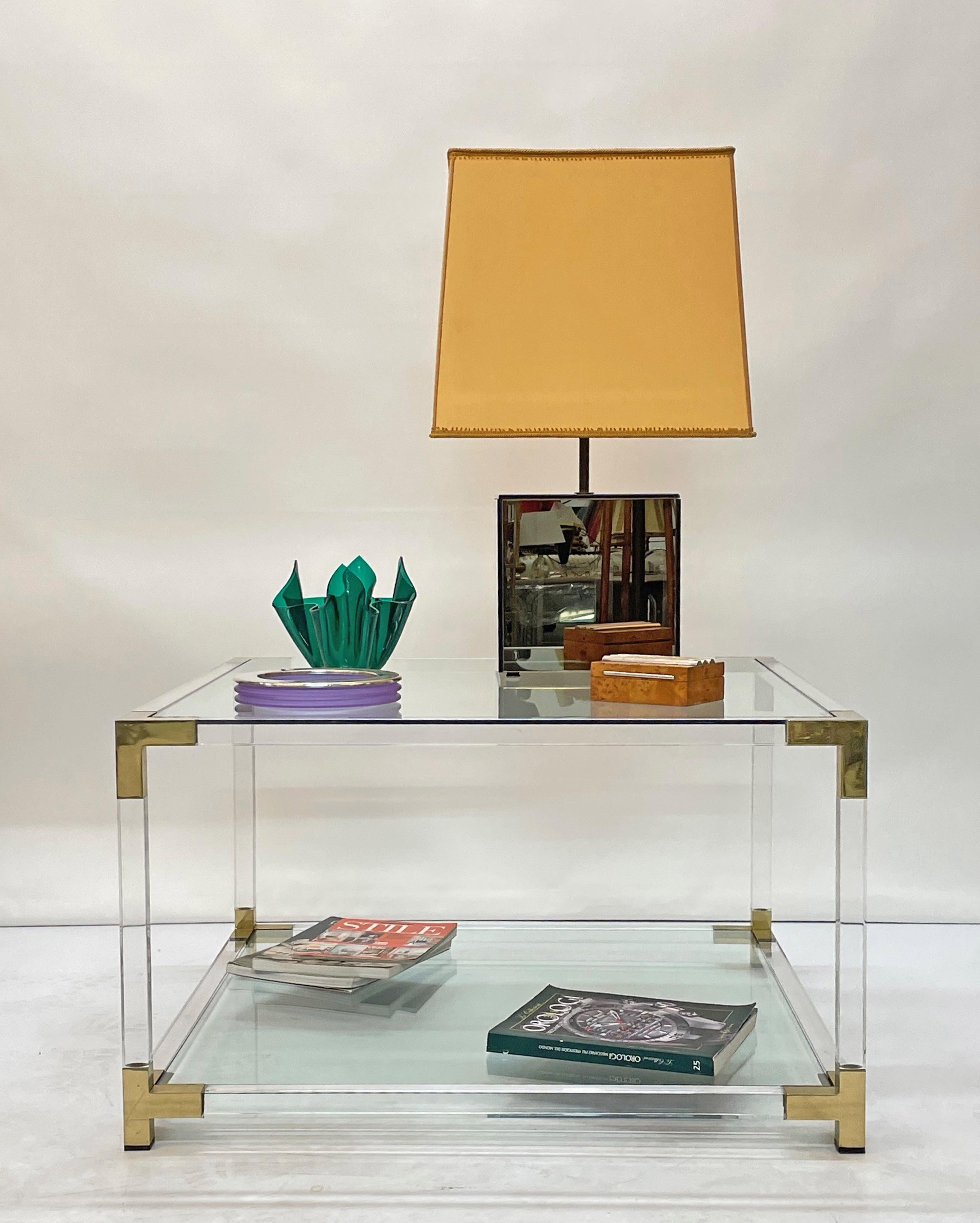 Hollywood Regency Lucite, Brass and Glass Italian Square Cocktail Table, 1970s For Sale 9