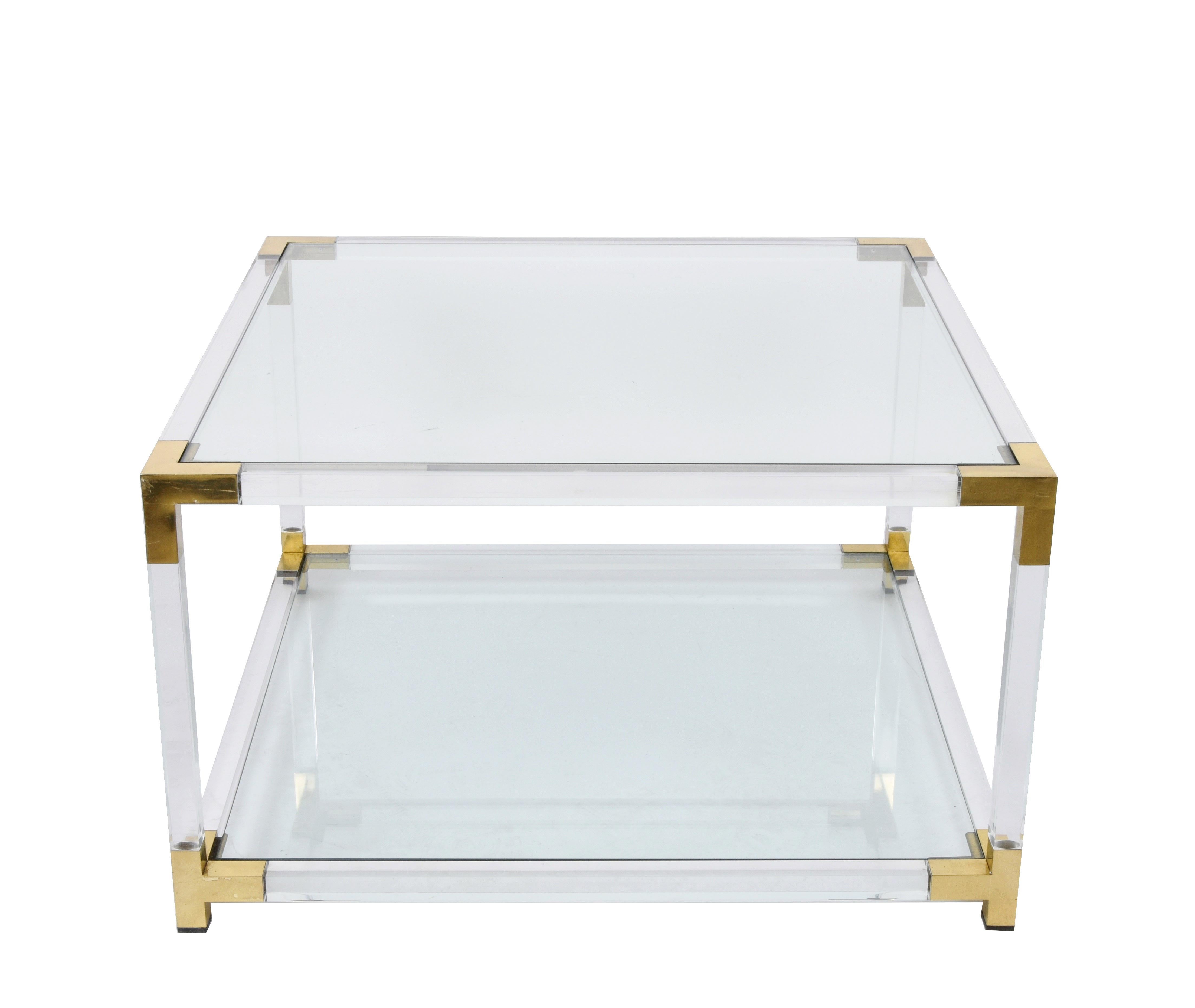Mid-Century Modern Hollywood Regency Lucite, Brass and Glass Italian Square Cocktail Table, 1970s For Sale