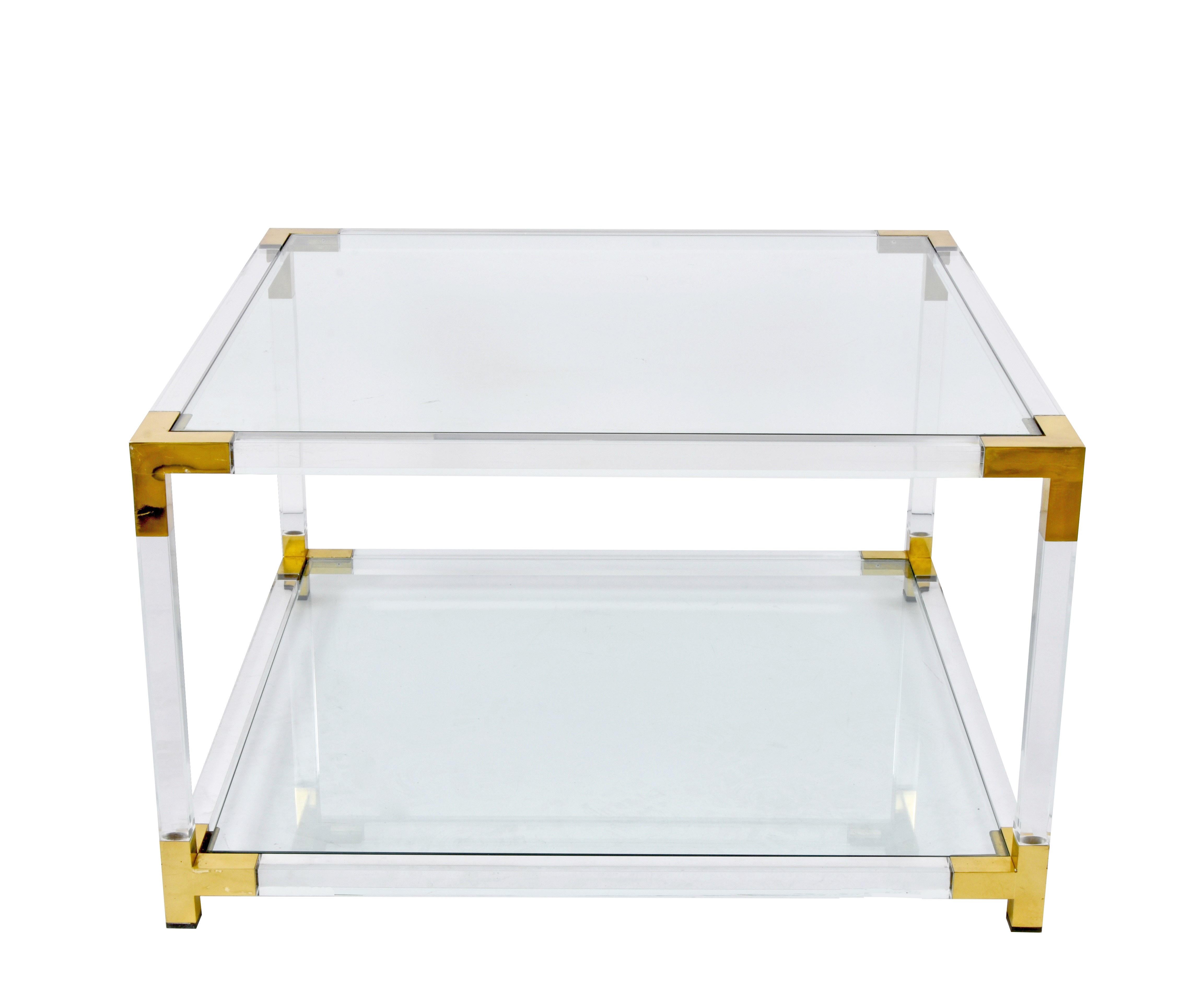 20th Century Hollywood Regency Lucite, Brass and Glass Italian Square Cocktail Table, 1970s For Sale