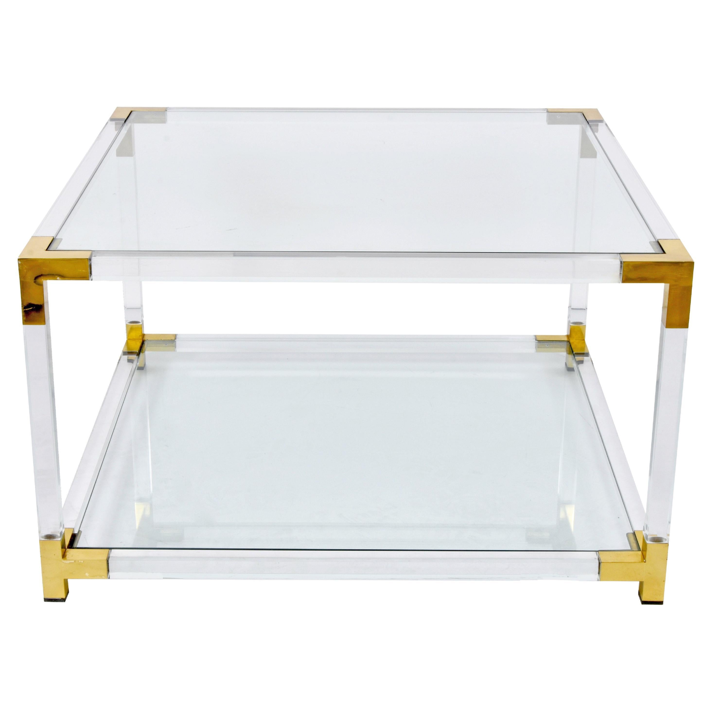 Hollywood Regency Lucite, Brass and Glass Italian Square Cocktail Table, 1970s For Sale