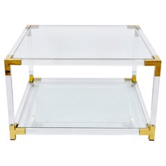 Vintage Hollywood Regency Lucite, Brass and Glass Italian Square Cocktail Table, 1970s