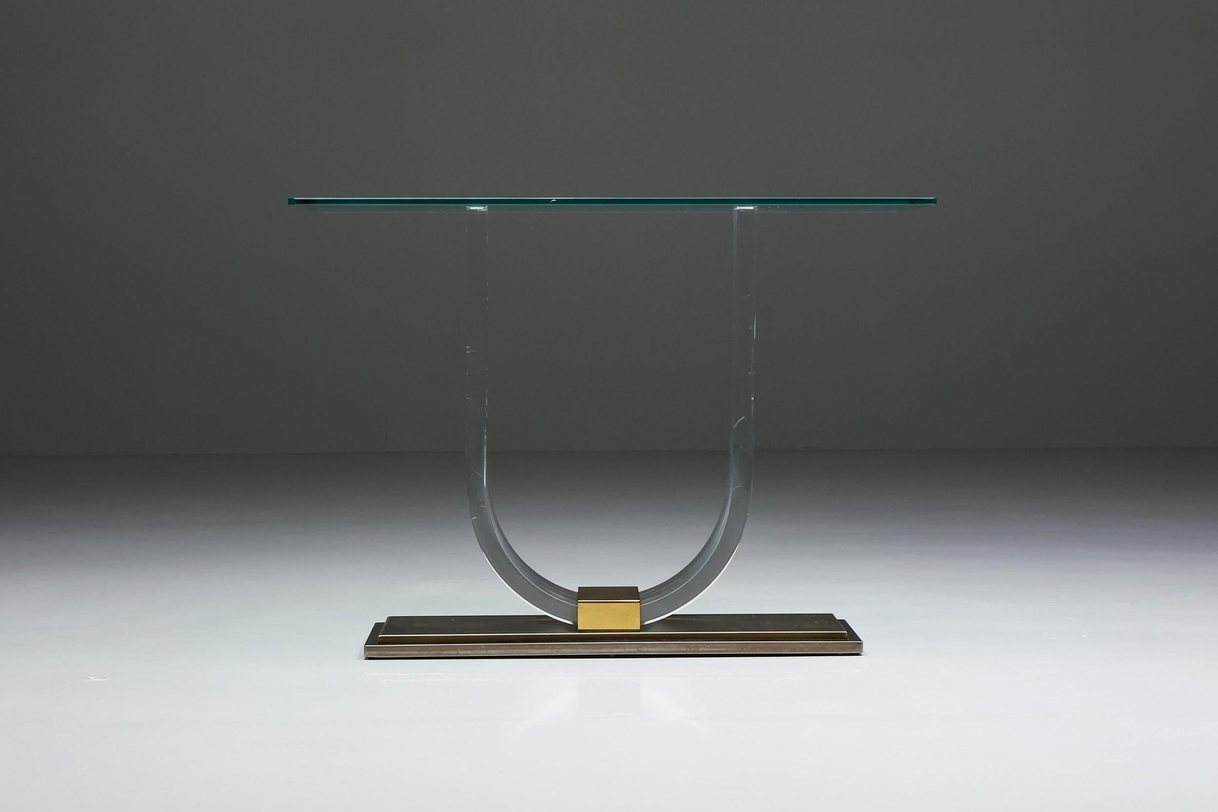 Belgian Hollywood Regency, Lucite & Brass Console Table for Belgo Chrome, Belgium, 1970s For Sale