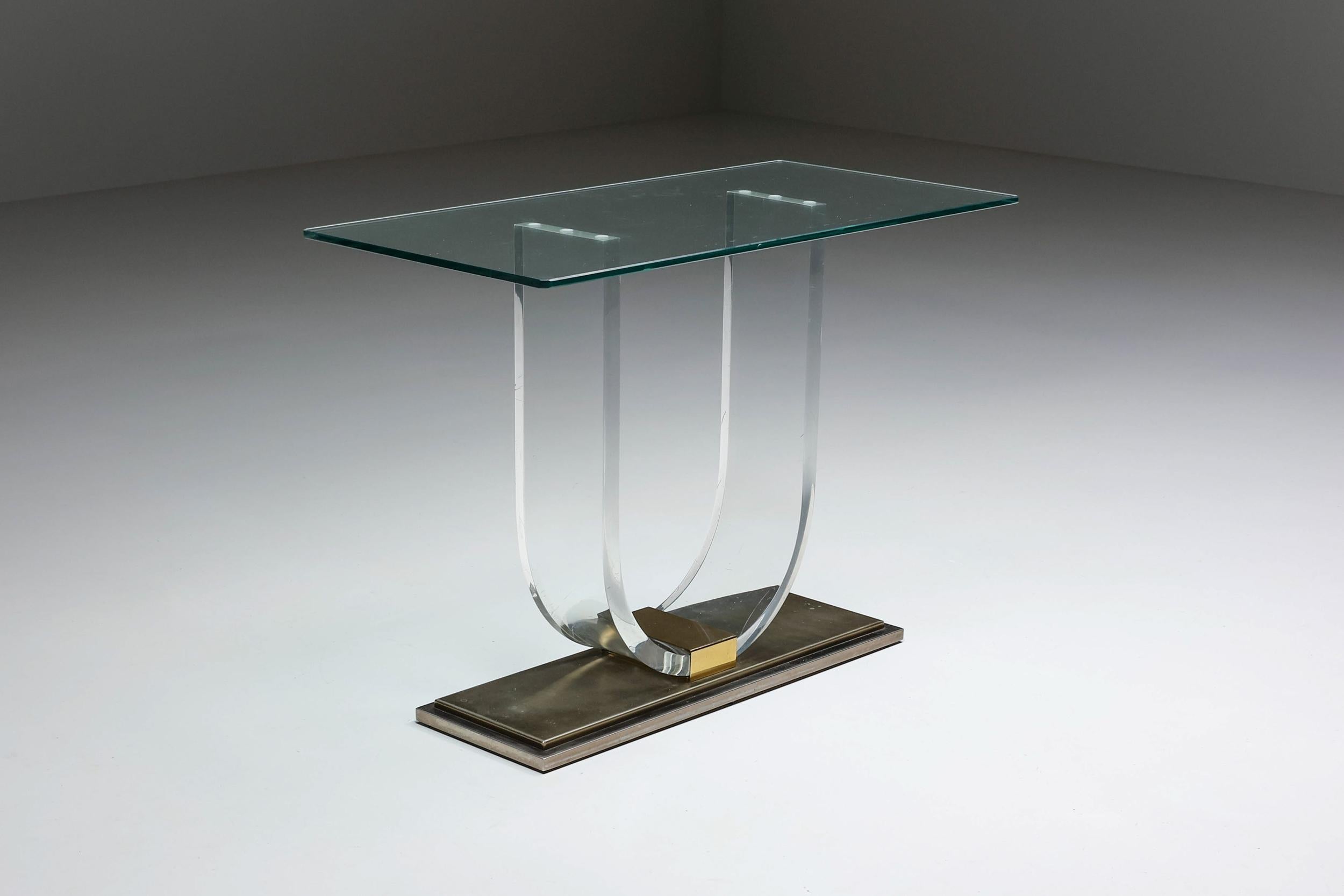 Hollywood Regency, Lucite & Brass Console Table for Belgo Chrome, Belgium, 1970s For Sale 2