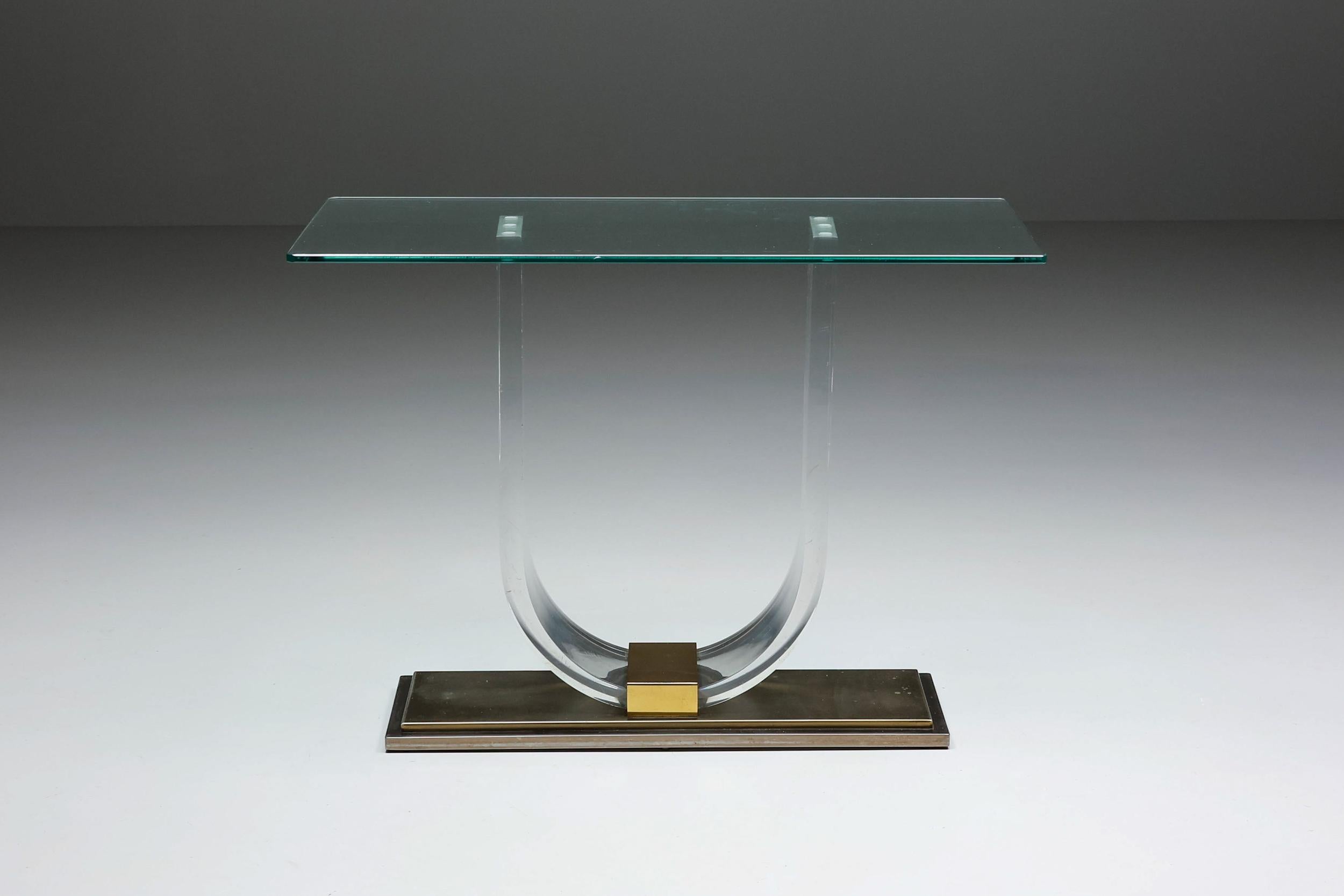 Hollywood Regency, Lucite & Brass Console Table for Belgo Chrome, Belgium, 1970s For Sale 3