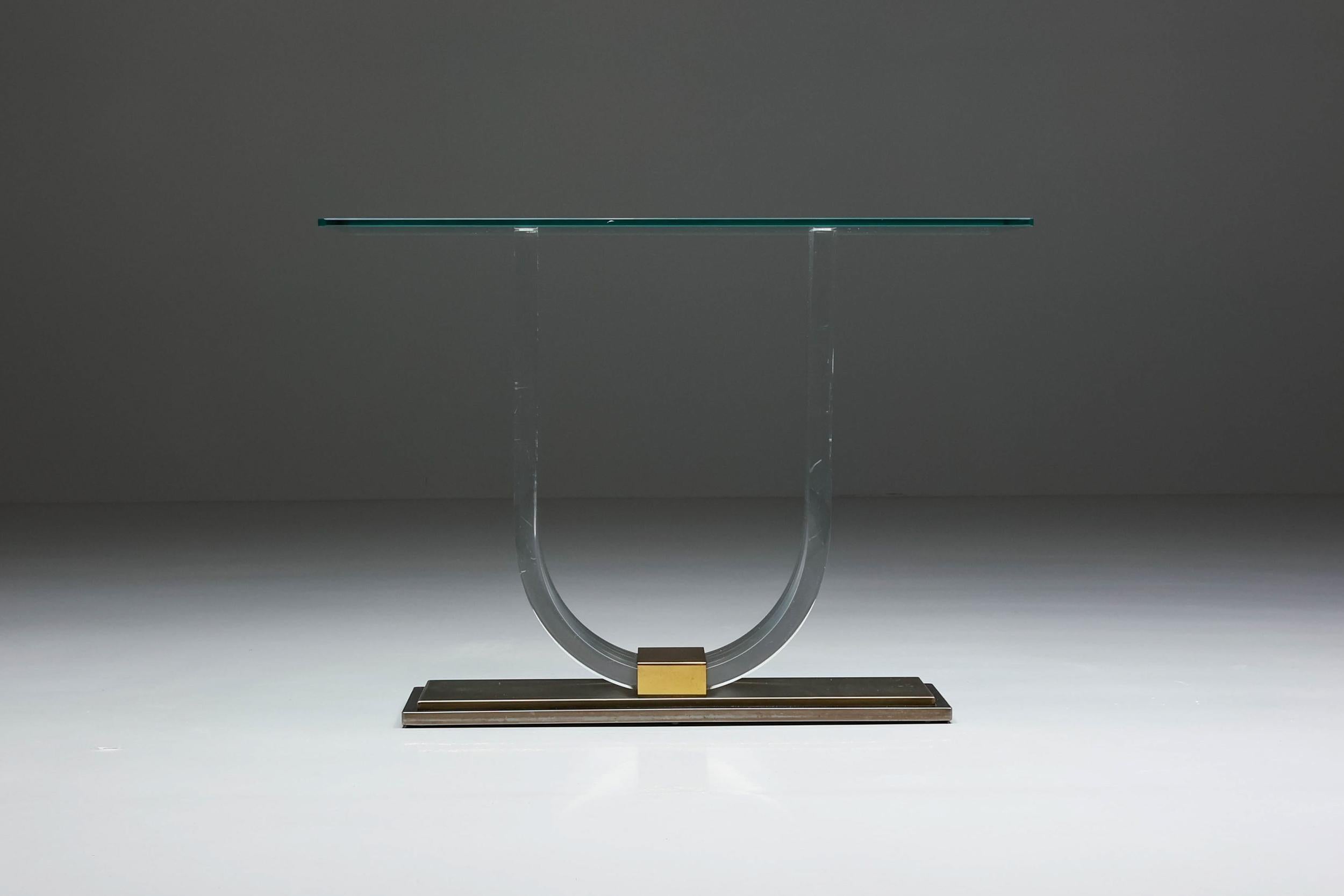 Hollywood Regency, Lucite & Brass Console Table for Belgo Chrome, Belgium, 1970s For Sale 4