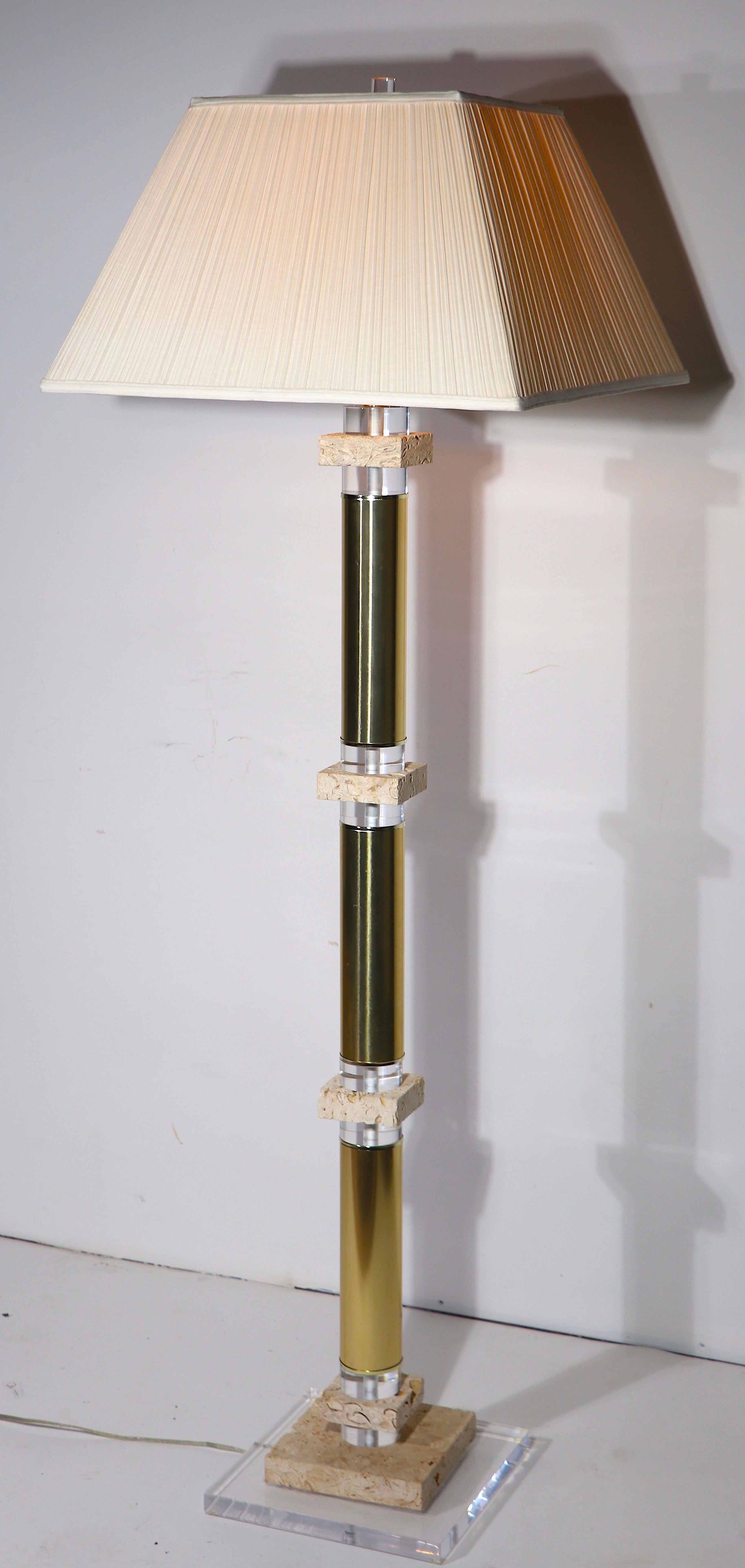 20th Century Hollywood Regency Lucite Brass Fossilized Stone  Floor Lamp c. 1970/1980's For Sale