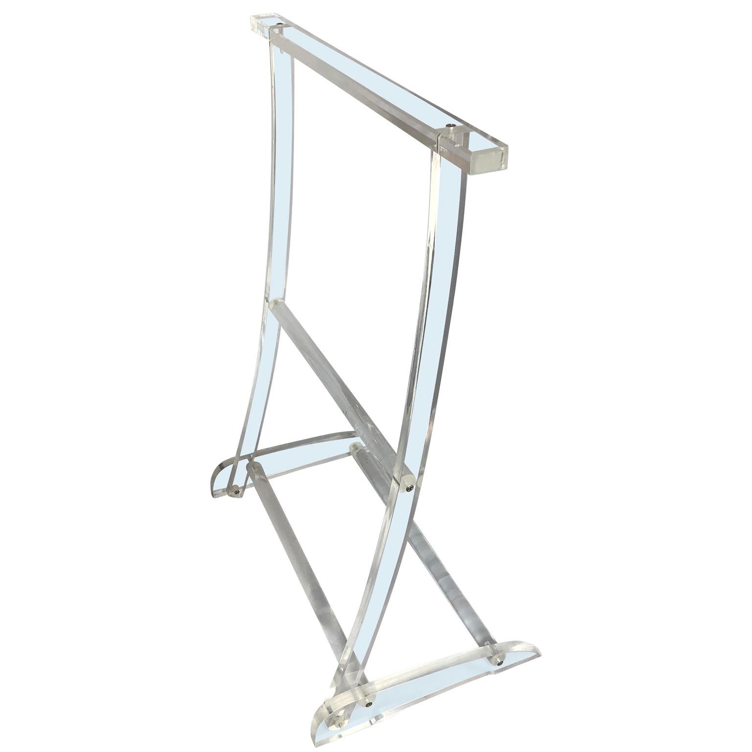 Hollywood Regency Lucite towel rack by Scheibe

The depth of the rack assembled is 13 inches.