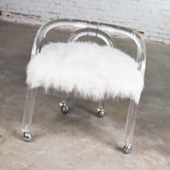 Hollywood Regency Lucite Vanity Stool White Faux Fur Style Charles Hollis Jones