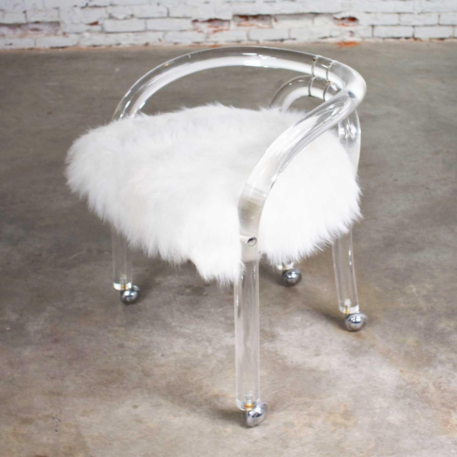 Hollywood Regency Lucite Vanity Stool White Faux Fur Style Charles Hollis Jones 2