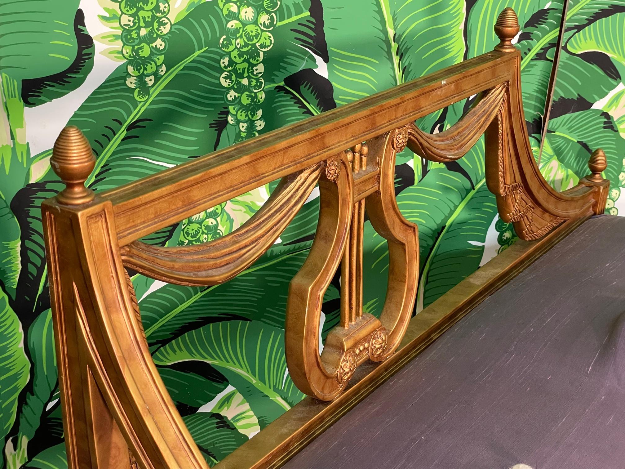 Upholstery Hollywood Regency Lyre Back Carved Benches, a Pair