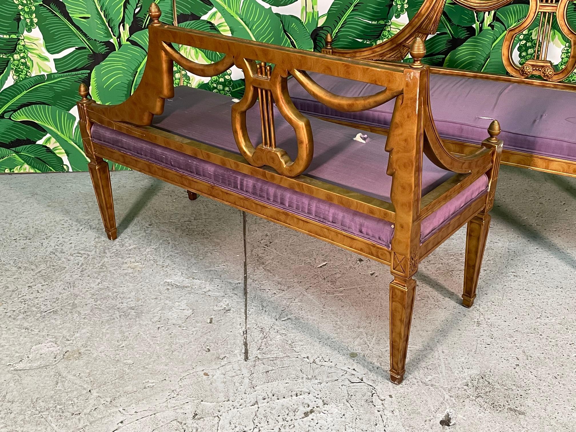 Hollywood Regency Lyre Back Carved Benches, a Pair 3