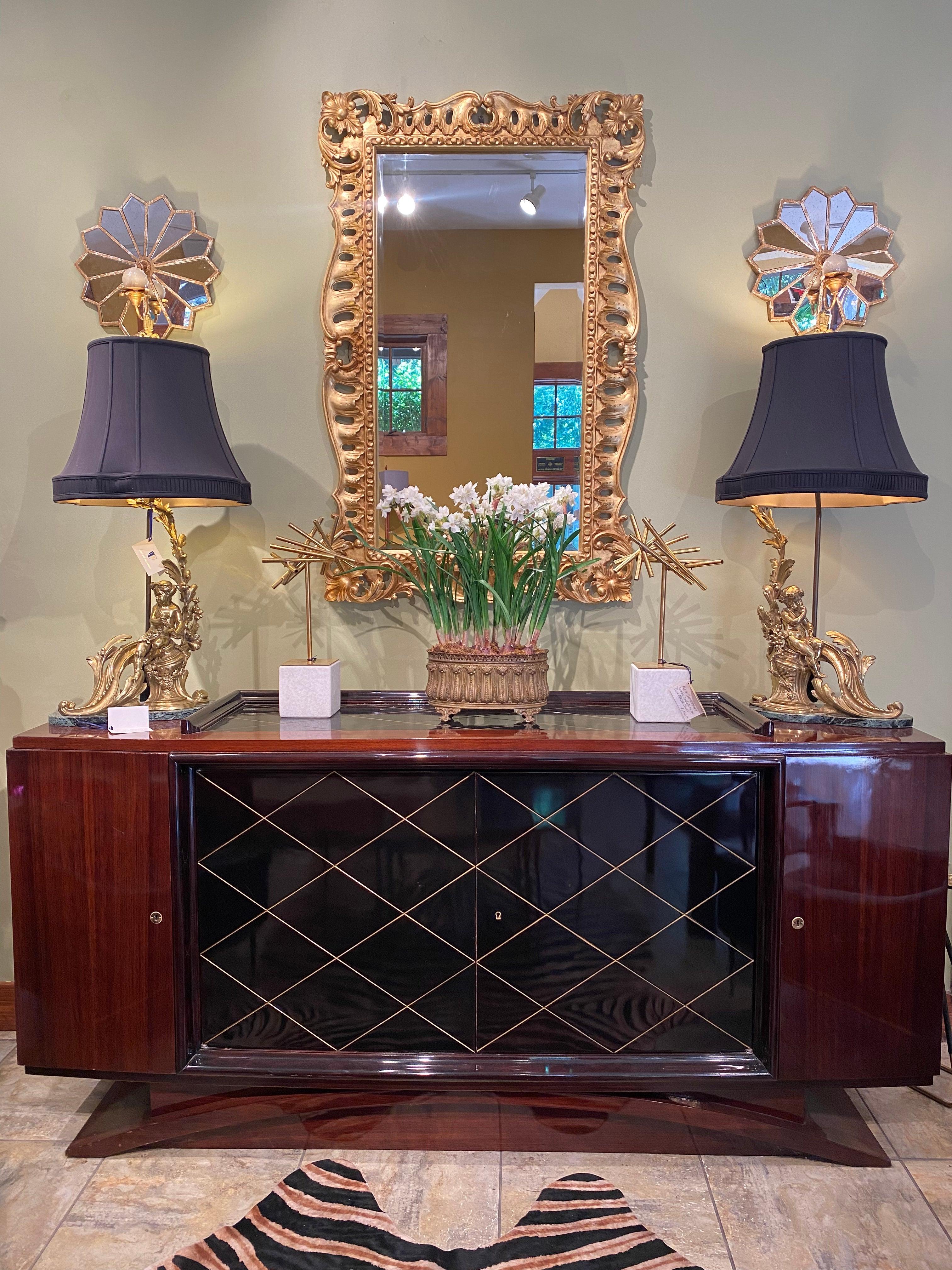 Hand-Crafted Hollywood Regency Macassar Wood Credenza with Ebonized Doors, French, ca. 1930
