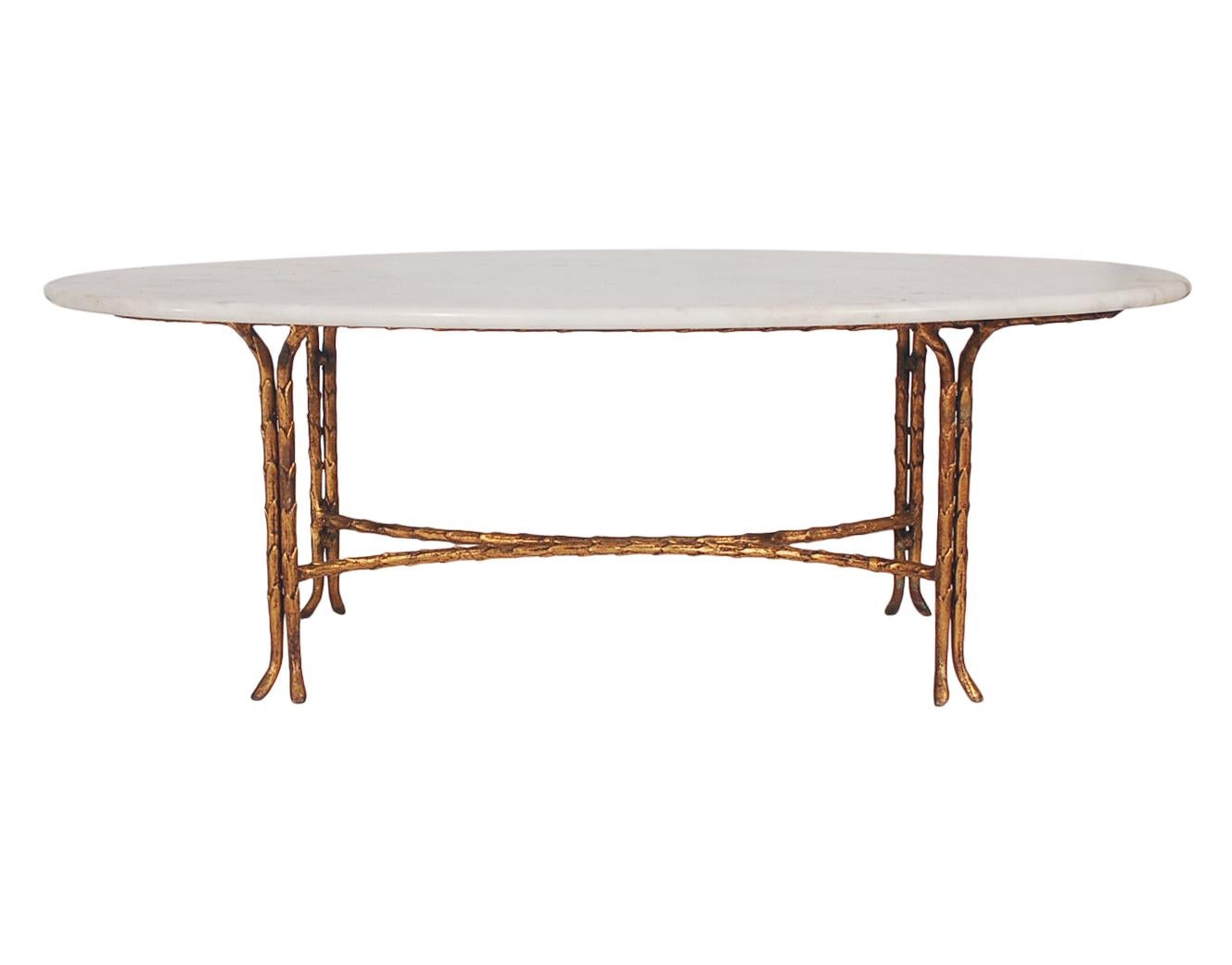 Hollywood Regency Maison Baguès Gold Gilded Bamboo & Marble Oval Cocktail Table In Good Condition In Philadelphia, PA