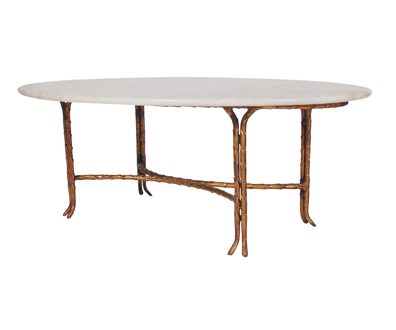 Mid-20th Century Hollywood Regency Maison Baguès Gold Gilded Bamboo & Marble Oval Cocktail Table