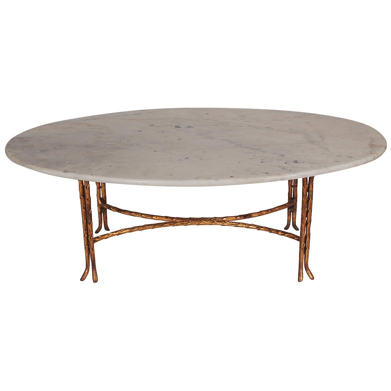 Hollywood Regency Maison Baguès Gold Gilded Bamboo & Marble Oval Cocktail Table