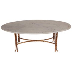 Hollywood Regency Maison Baguès Gold Gilded Bamboo & Marble Oval Cocktail Table