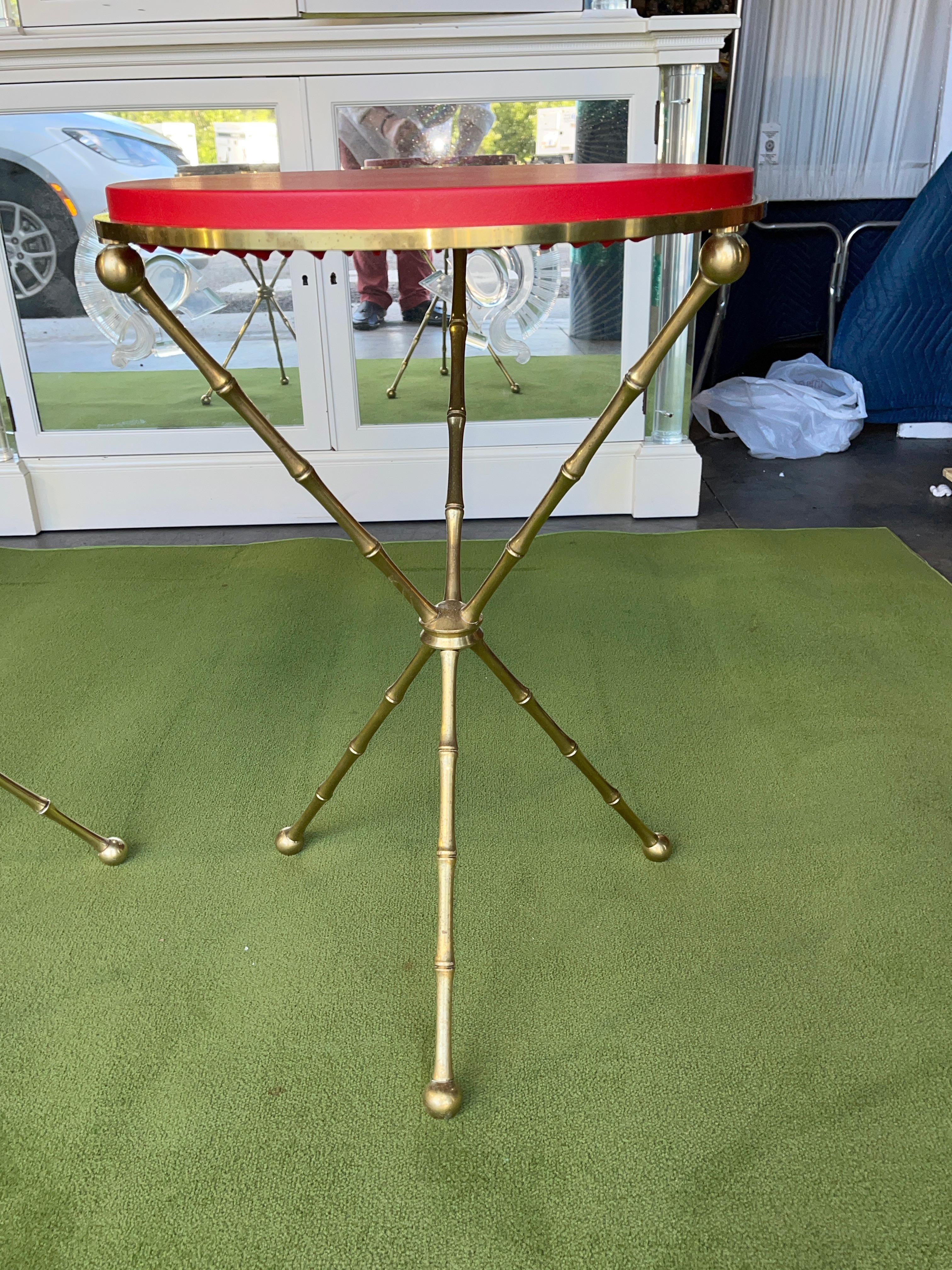 Italian Hollywood Regency Maison Bagues style brass bamboo tripod table For Sale