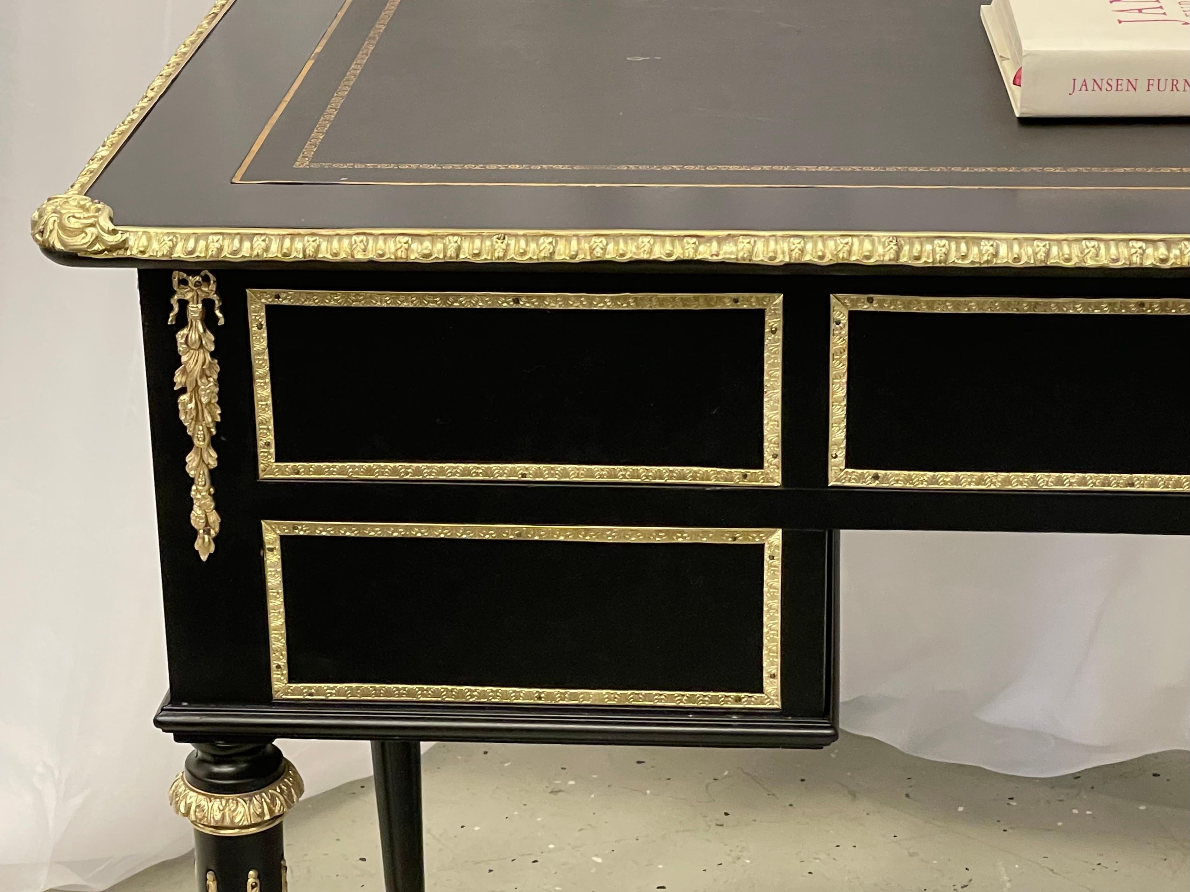 Hollywood Regency Maison Jansen Desk, Ebony, Bronze, Leather, France, 1930s	 In Good Condition For Sale In Stamford, CT
