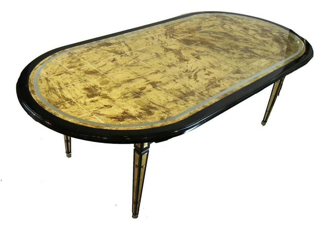 French Hollywood Regency Maison Jansen Dining Table, Black Lacquered Eglomise Glass