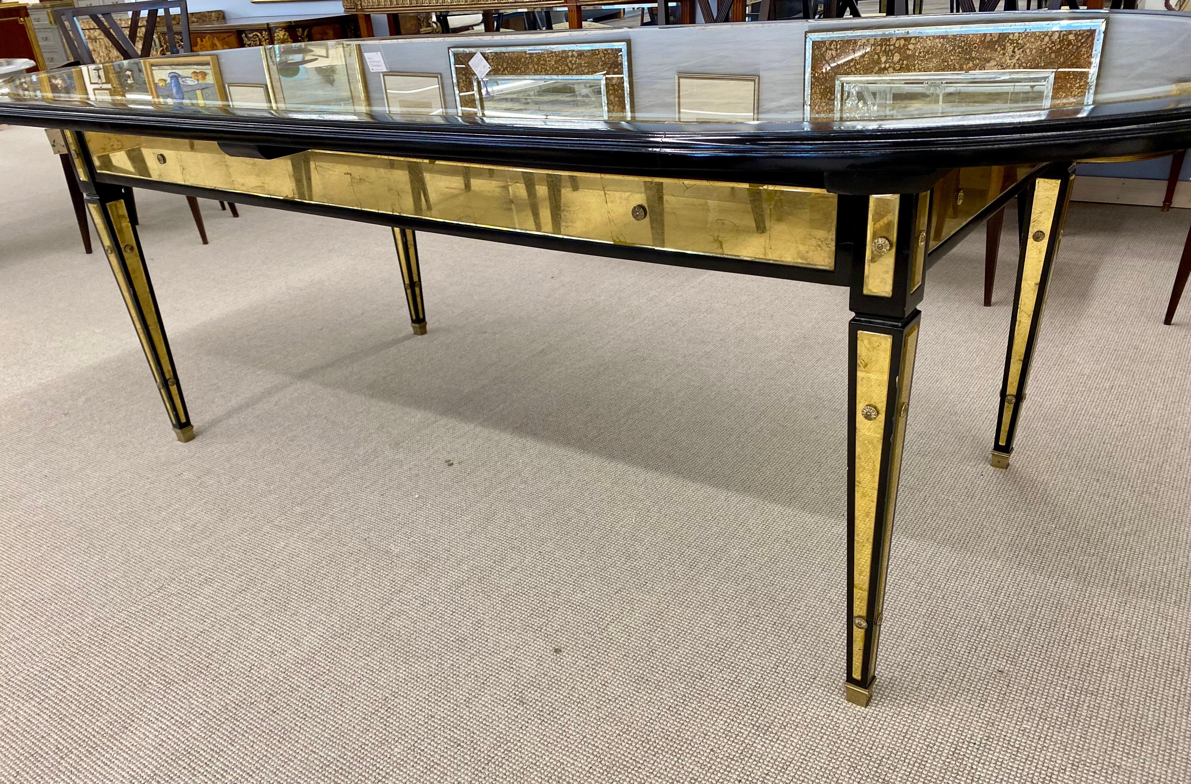 Hollywood Regency Maison Jansen Dining Table, Black Lacquered Eglomise Glass In Good Condition In Stamford, CT