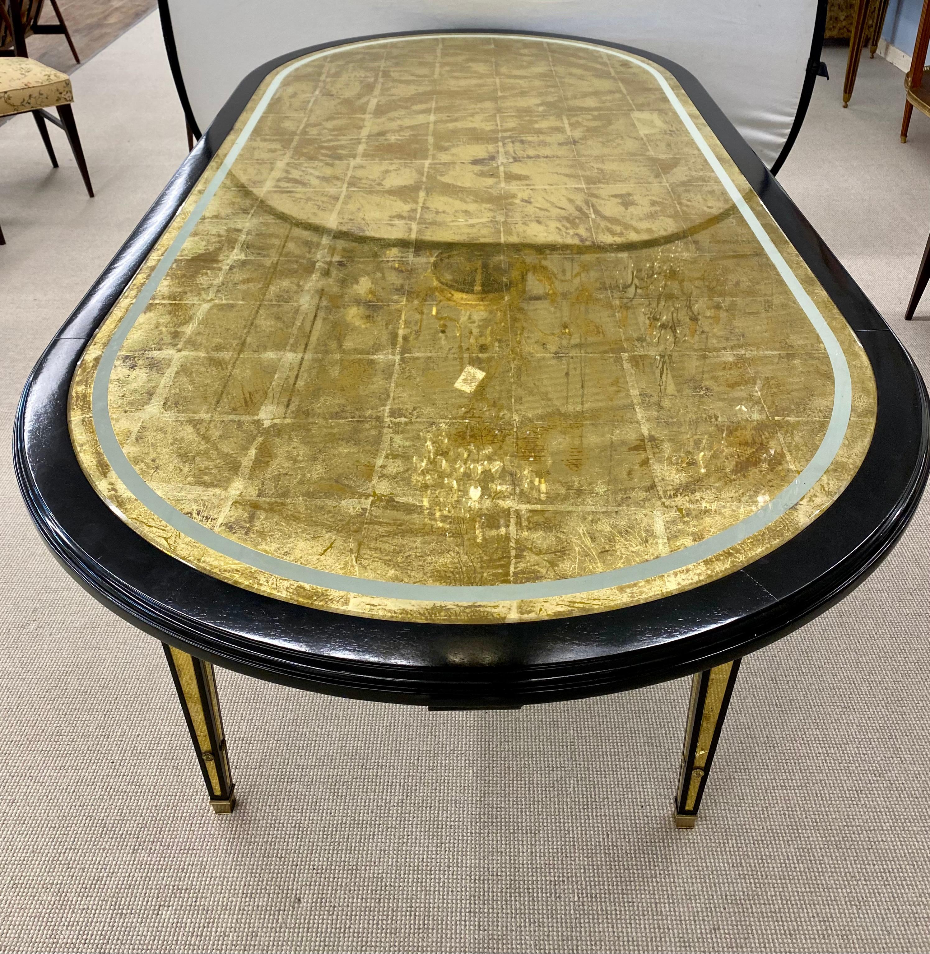 20th Century Hollywood Regency Maison Jansen Dining Table, Black Lacquered Eglomise Glass