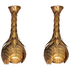 Hollywood Regency Maison Jansen Pair of Brass Palm Tree Wall / Ceiling Light