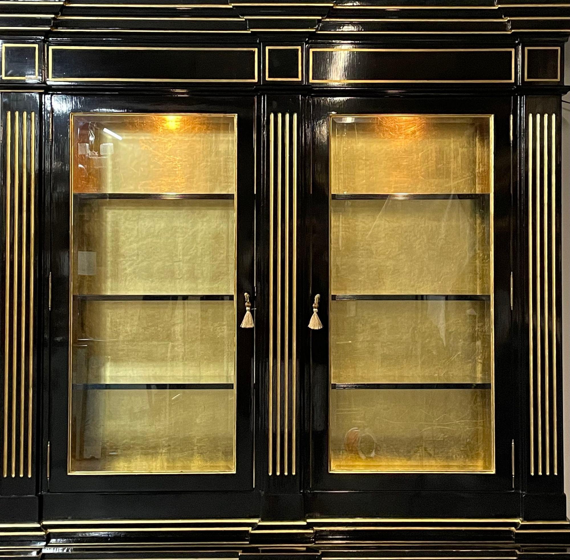 Hollywood Regency Maison Jansen Style Bookcase / Cabinet, Ebony, Gold Leaf For Sale 6