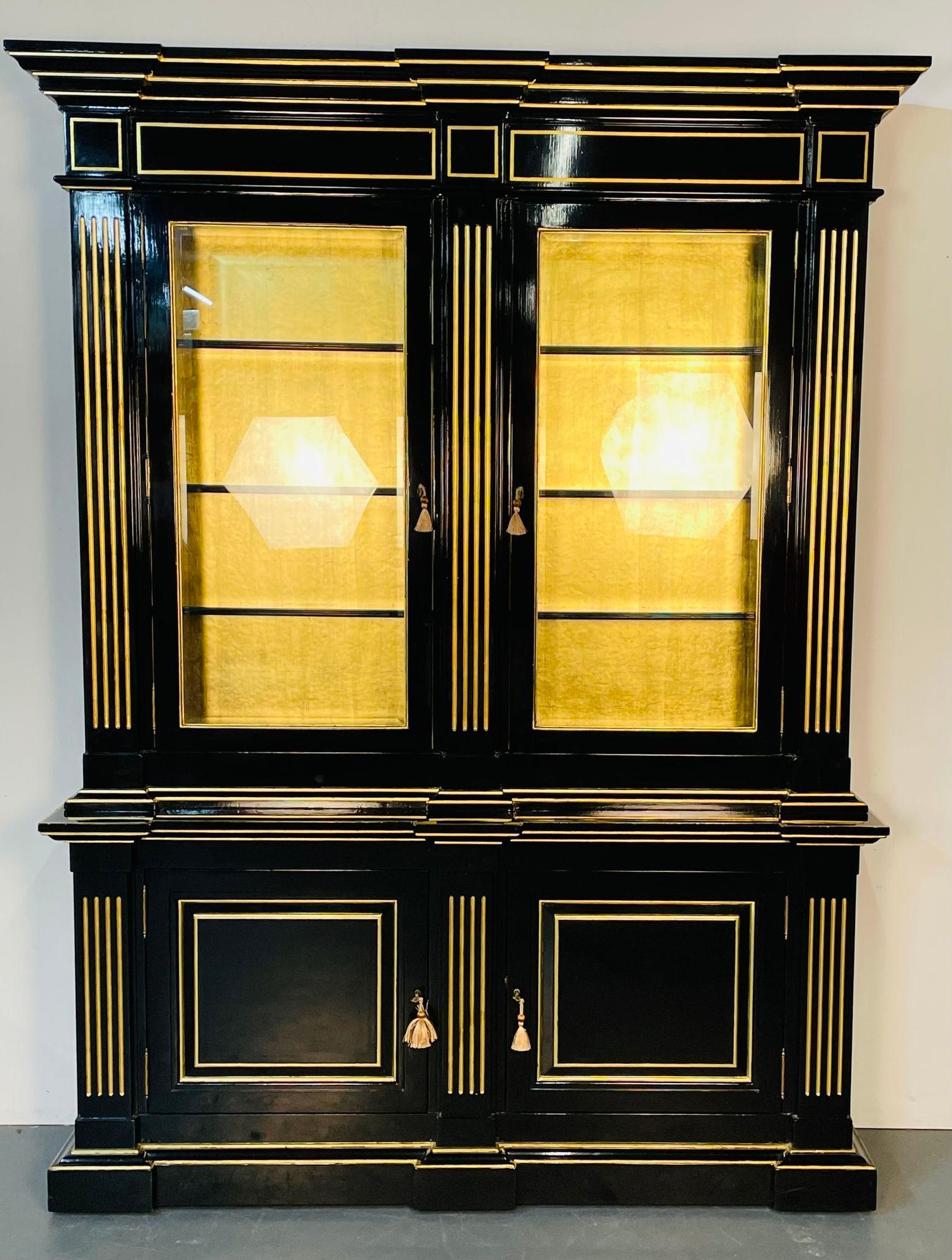 Hollywood Regency Maison Jansen Style Bookcase / Cabinet, Ebony, Gold Leaf In Good Condition For Sale In Stamford, CT