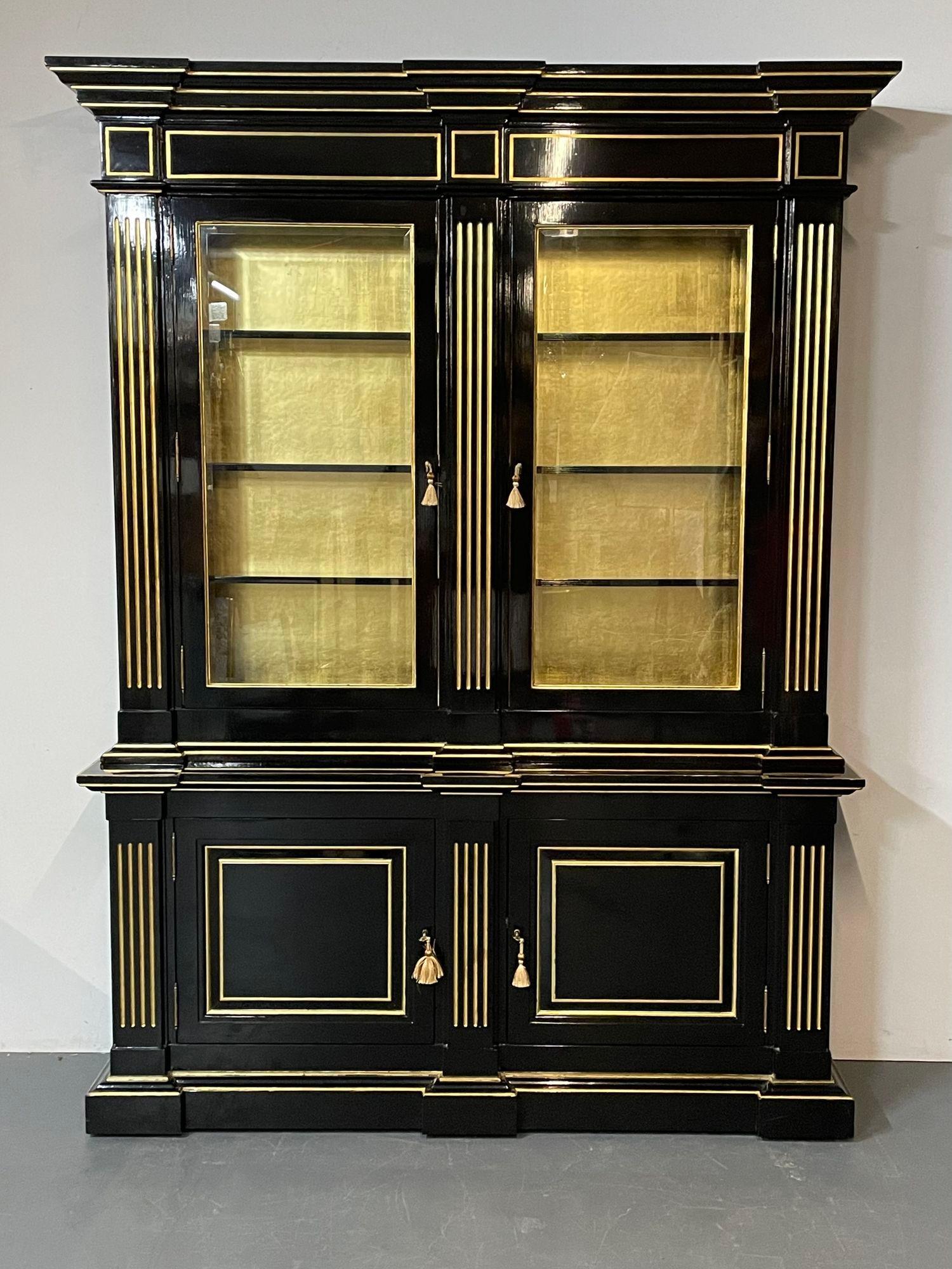 20th Century Hollywood Regency Maison Jansen Style Bookcase / Cabinet, Ebony, Gold Leaf For Sale