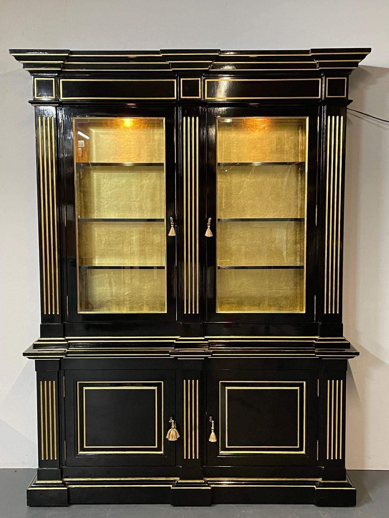 Glass Hollywood Regency Maison Jansen Style Bookcase / Cabinet, Ebony, Gold Leaf For Sale