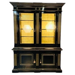 Maison Jansen Style, Hollywood Regency, Gold Leaf, Ebonized Bookcase, 1970s