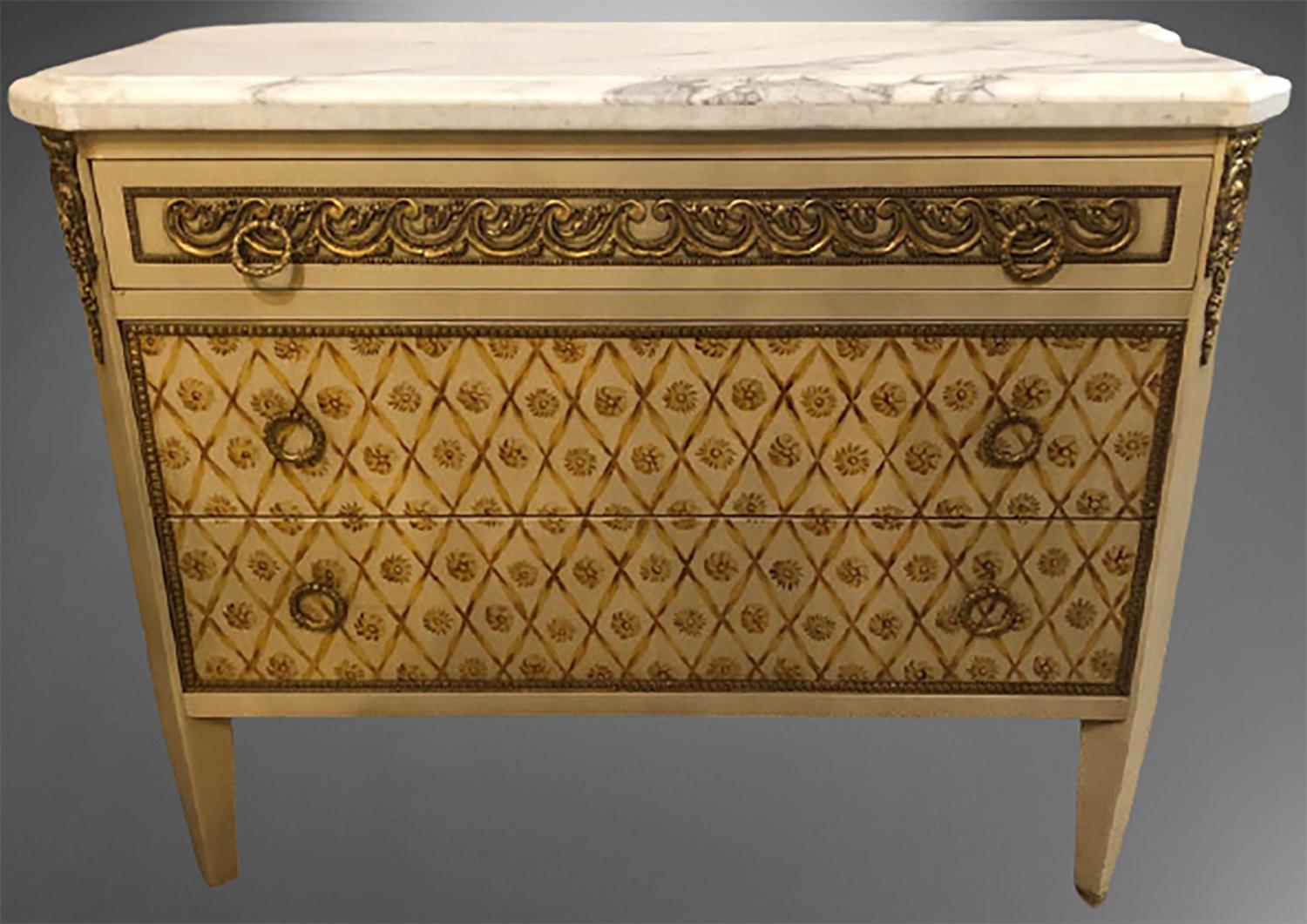 Pair of simply stunning hand painted commodes, nightstands, or chests each having a think marble top supported by a spectacular painted center thin drawer having a bronze frame and bronze pulls over a pair of large drawers set to look as one large