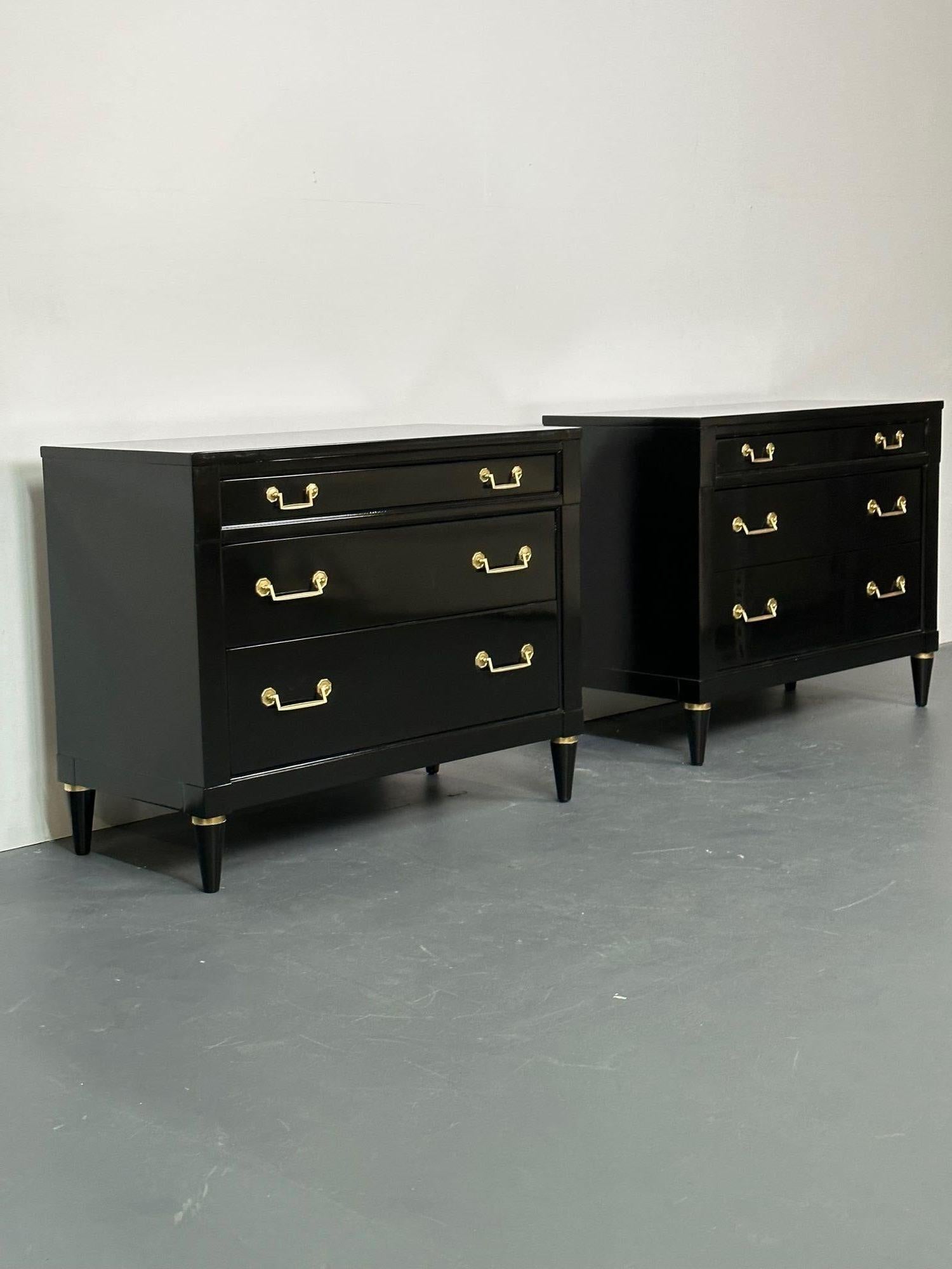 American Hollywood Regency Maison Jansen Style Chests / Nightstand, Black Lacquer, Bronze