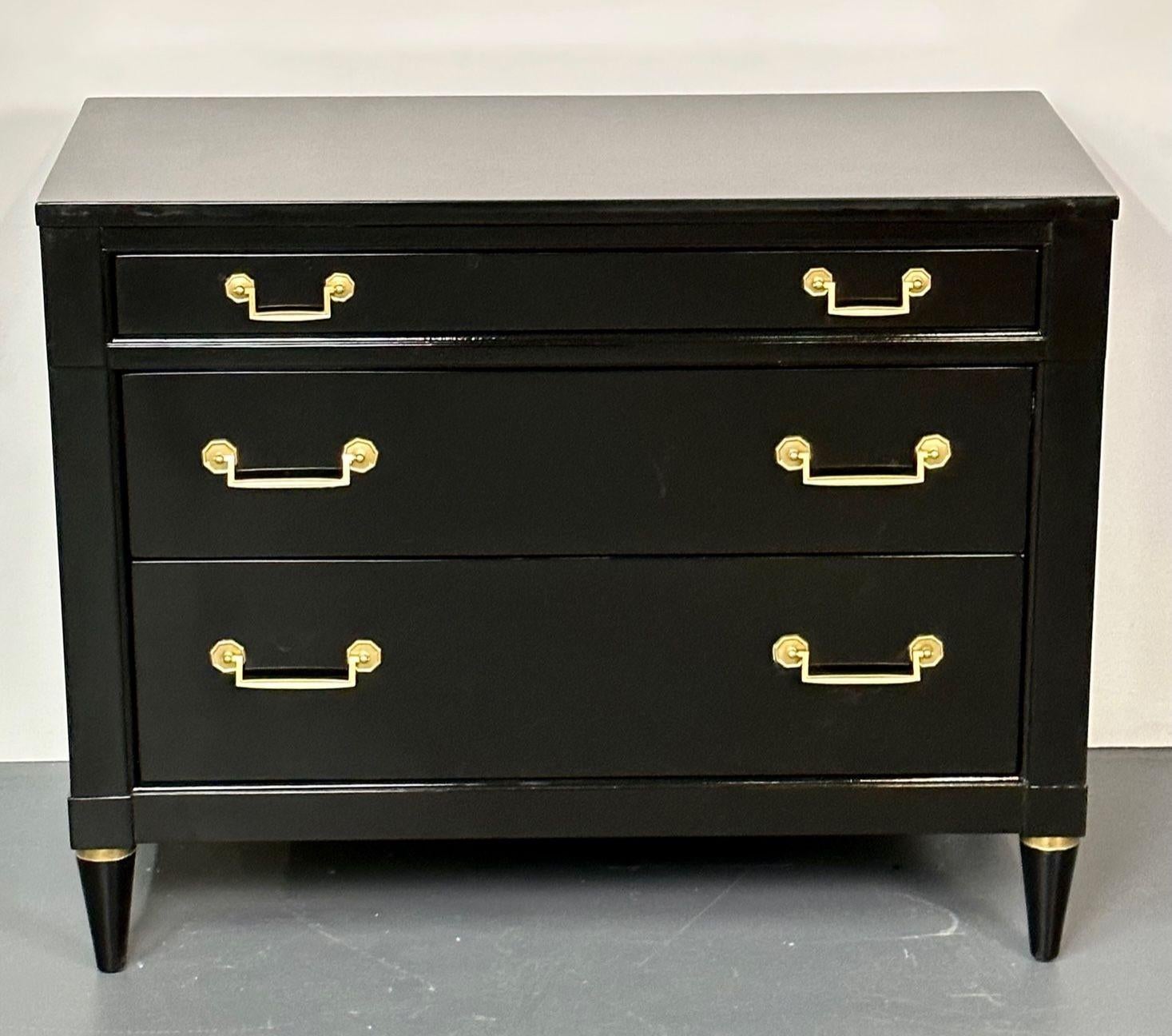 Mid-20th Century Hollywood Regency Maison Jansen Style Chests / Nightstand, Black Lacquer, Bronze For Sale