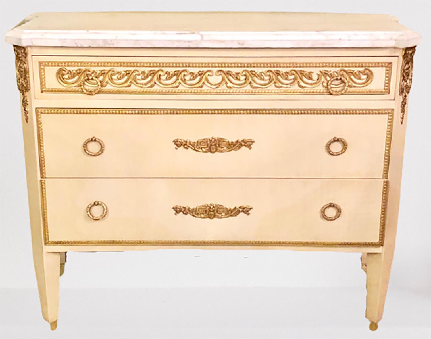 Hollywood Regency Maison Jansen style commodes / cabinets / nightstands a pair. This offer for a fine pair of three graduating Maison Jansen style, in a faux linen white hand painted finish having a marble-top with bronze mounts commodes, cabinets,