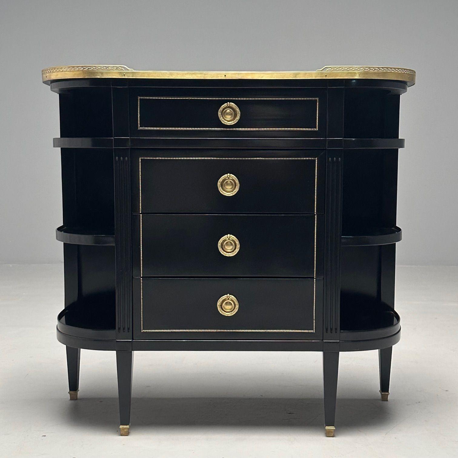 Hollywood Regency, Maison Jansen Style, Demilune Console, Matte Black Lacquered Server

A fine French Serving Cabinet or Console Table in the manner of Maison Jansen. The Hollywood Regency cabinet has been fully refinished. Simply charming with a