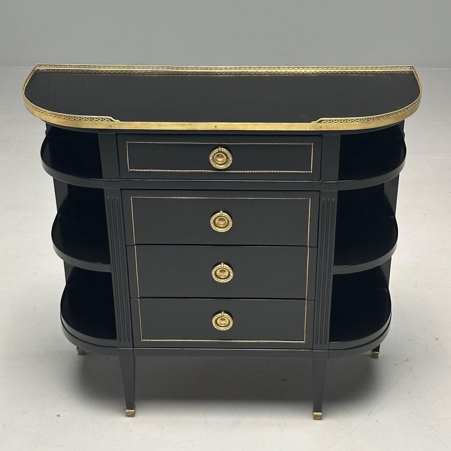 French Hollywood Regency, Maison Jansen Style, Demilune Console, Black Lacquered Server
