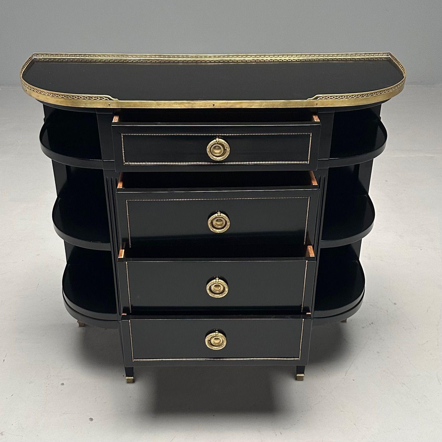 Brass Hollywood Regency, Maison Jansen Style, Demilune Console, Black Lacquered Server