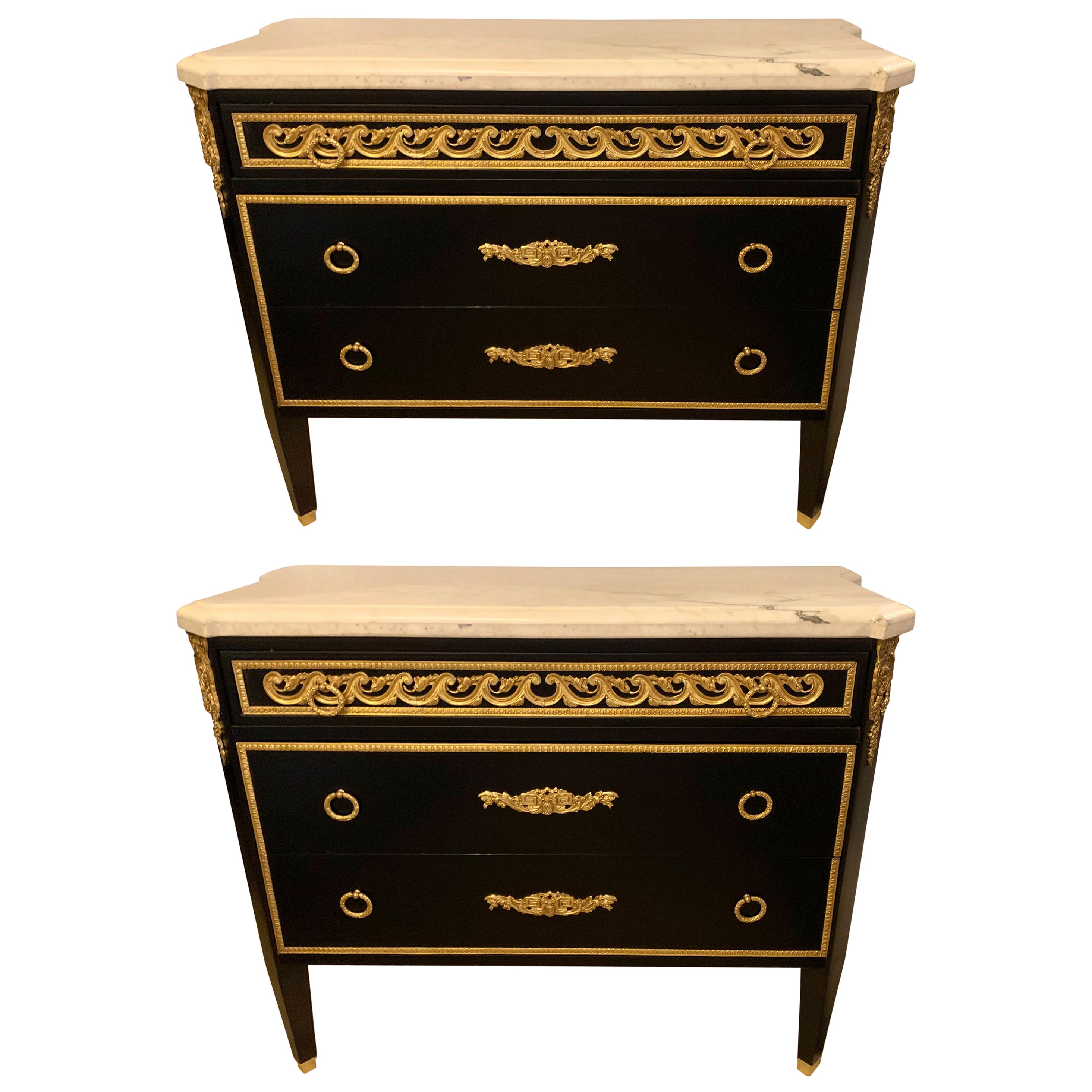 Hollywood Regency Maison Jansen Style Ebony Commodes, Cabinets or Nightstands