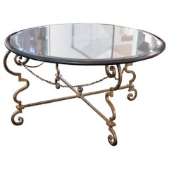 Hollywood Regency Maison Ramsay Centre Table with Gilt Ironwork and Mirror Plate