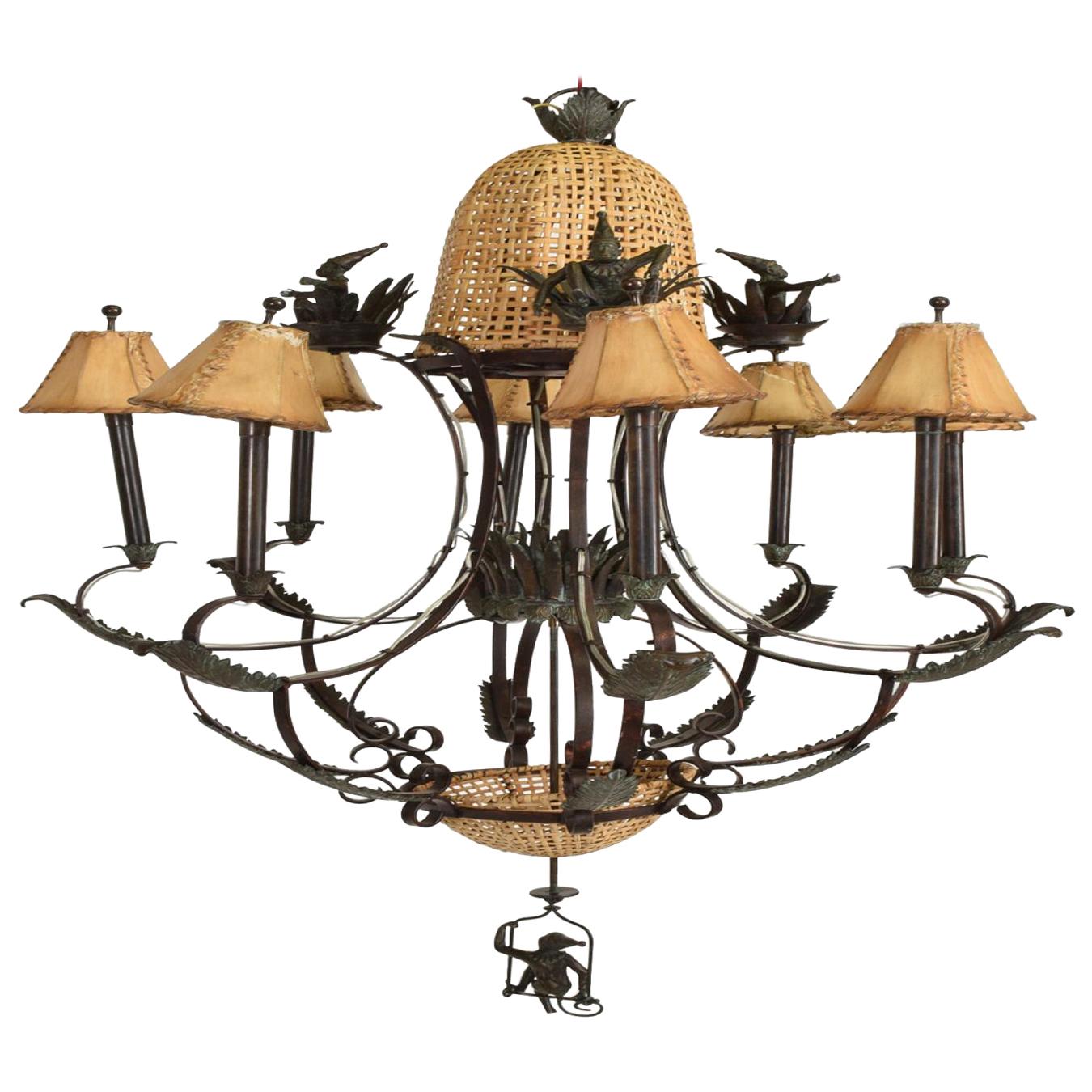 Hollywood Regency Maitland Smith Bronze & Cane Monkey Chandelier