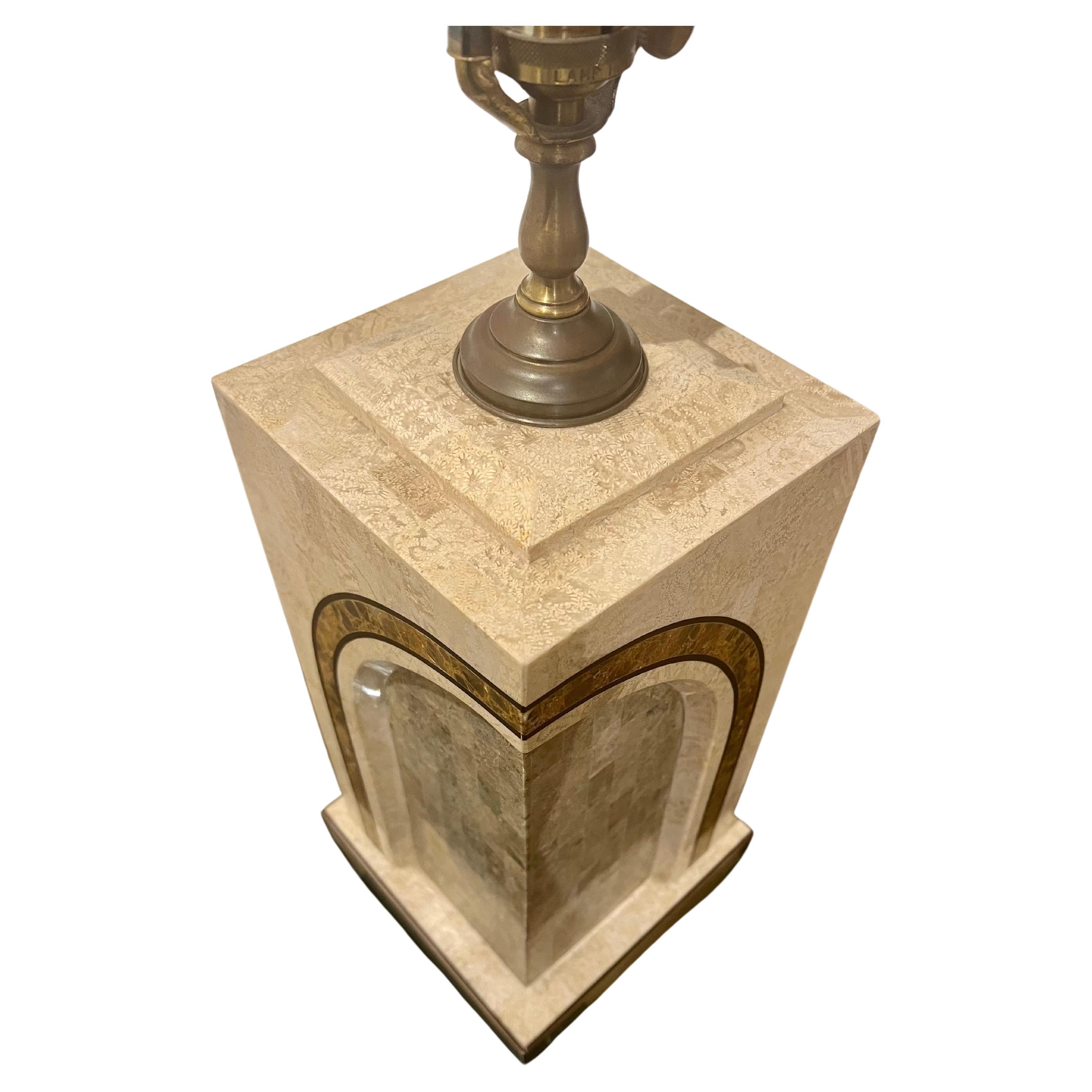 American Hollywood Regency Maitland Smith Rare Tessellated Stone and Brass Lamp For Sale