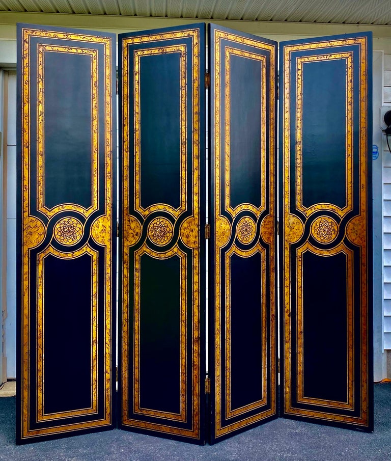 Hollywood Regency Maitland Smith Style Black and Gold Floor Screen Room ...
