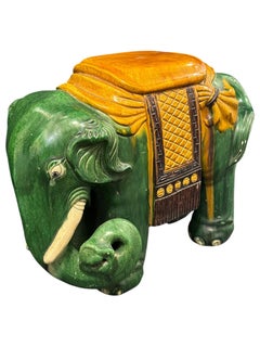 Hollywood Regency Terracotta Green Elephant Garden Plant Stand or Seat 1960s