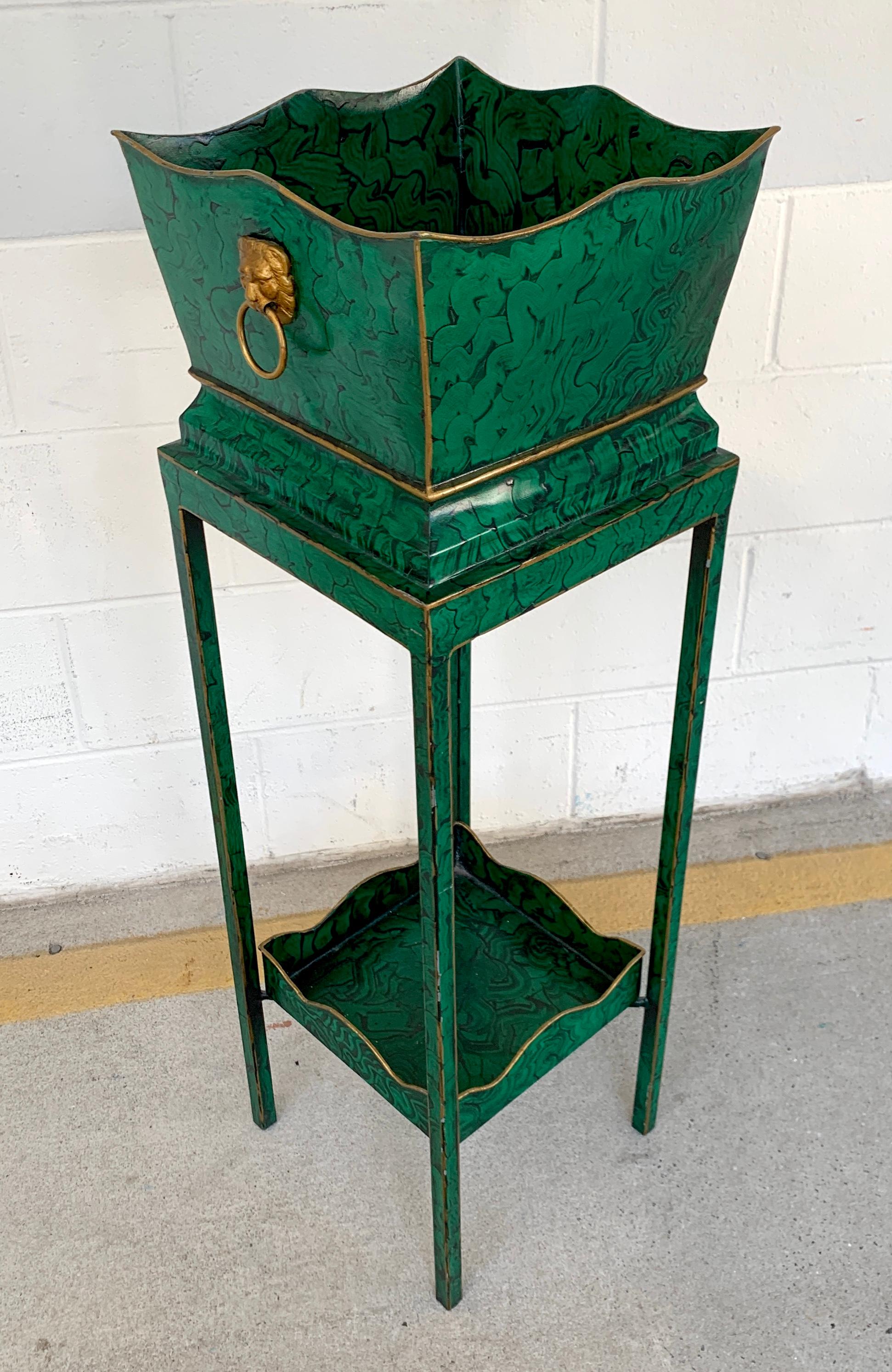 Hollywood Regency malachite tole pedestal jardinière, Profuse all-over malachite decoration, the 11