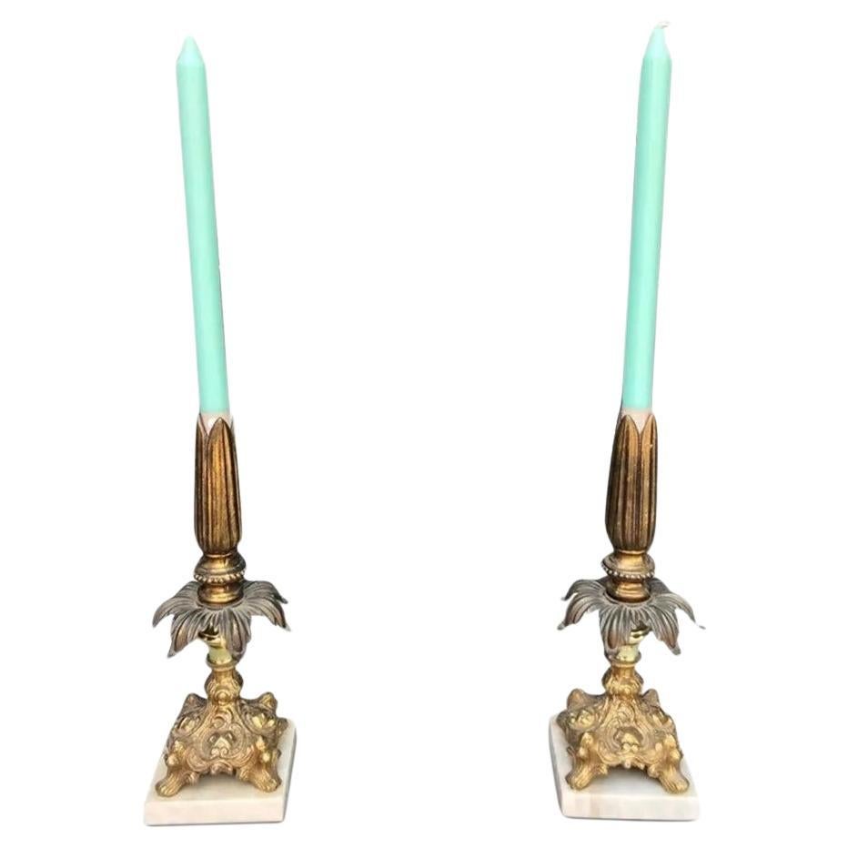 Hollywood Regency Marble and Brass Italian Candleholders Sticks For Sale